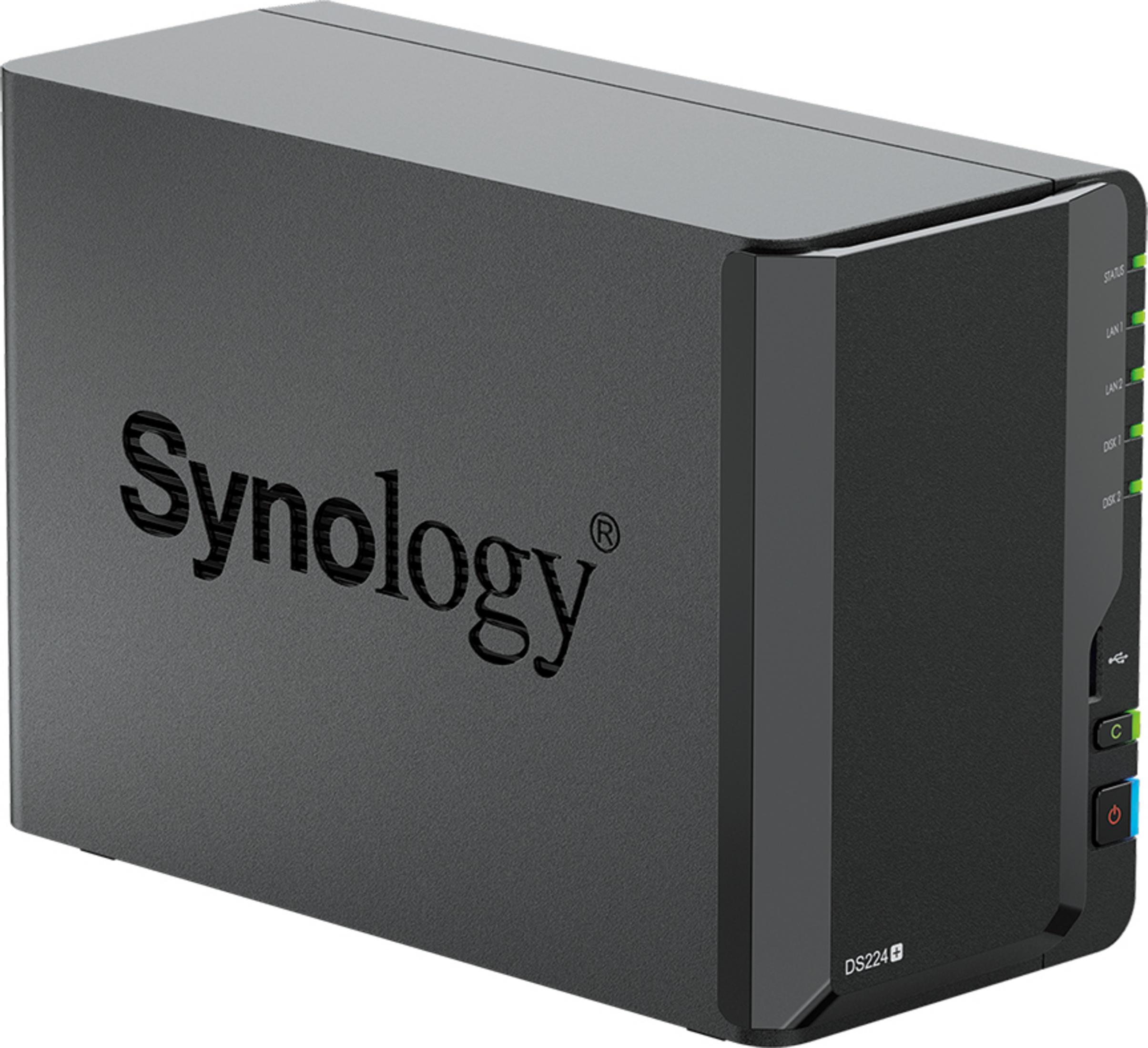 Dispositivo NAS Synology DS224+ negro con LEDs de estado y LAN.