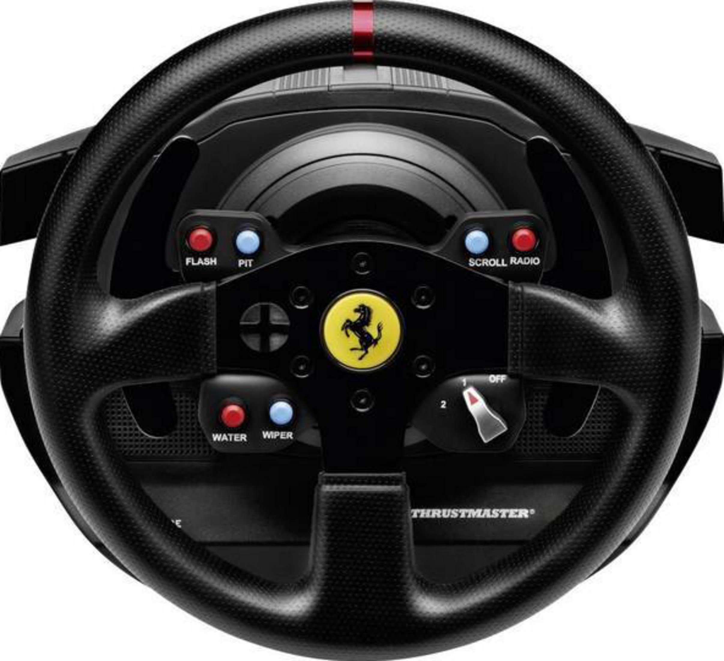 Schwarzes Ferrari-Rennlenkrad mit gelbem Emblem und Knöpfen.