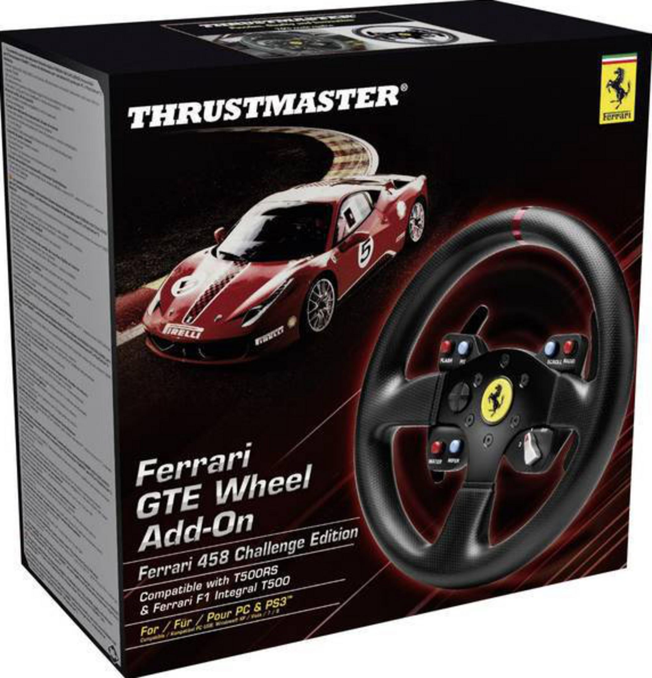 Verpackung für ein Thrustmaster Ferrari GTE Lenkrad mit Rennwagen und Ferrari-Logo.