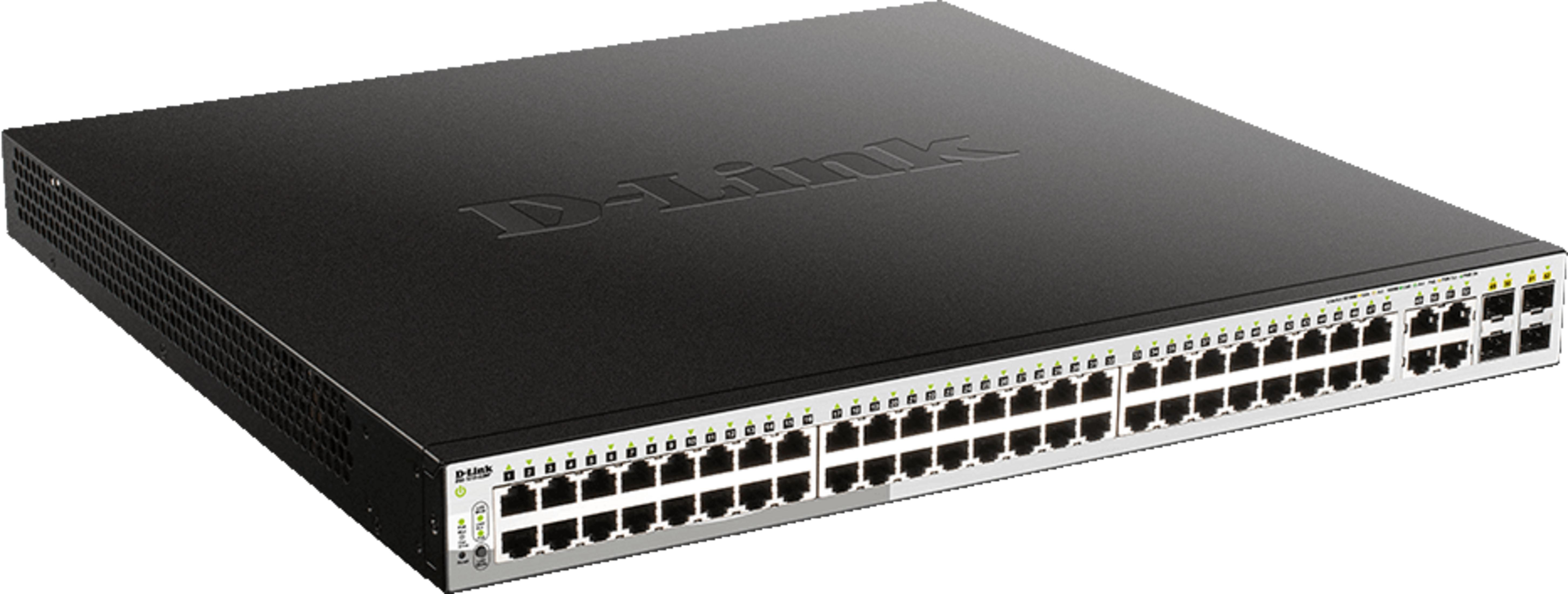 Uno switch di rete D-Link nero con molte porte e LED di stato.