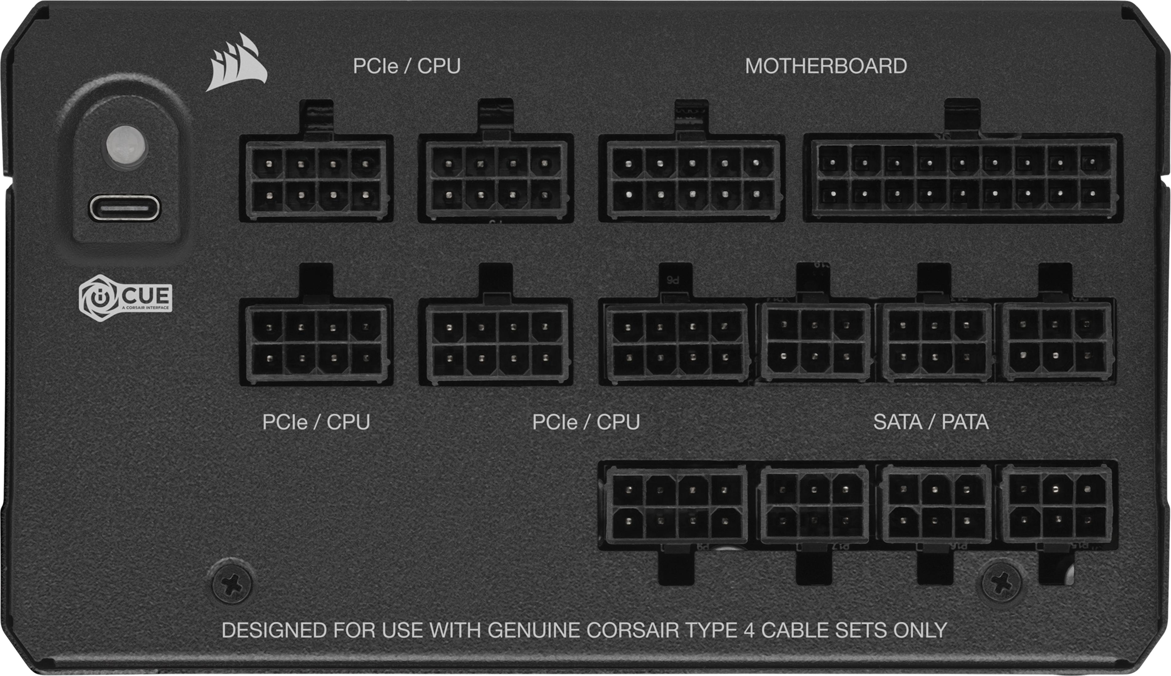 Porte alimentatore Corsair nero: USB-C, CUE, PCIe/CPU, Scheda madre, SATA/PATA.