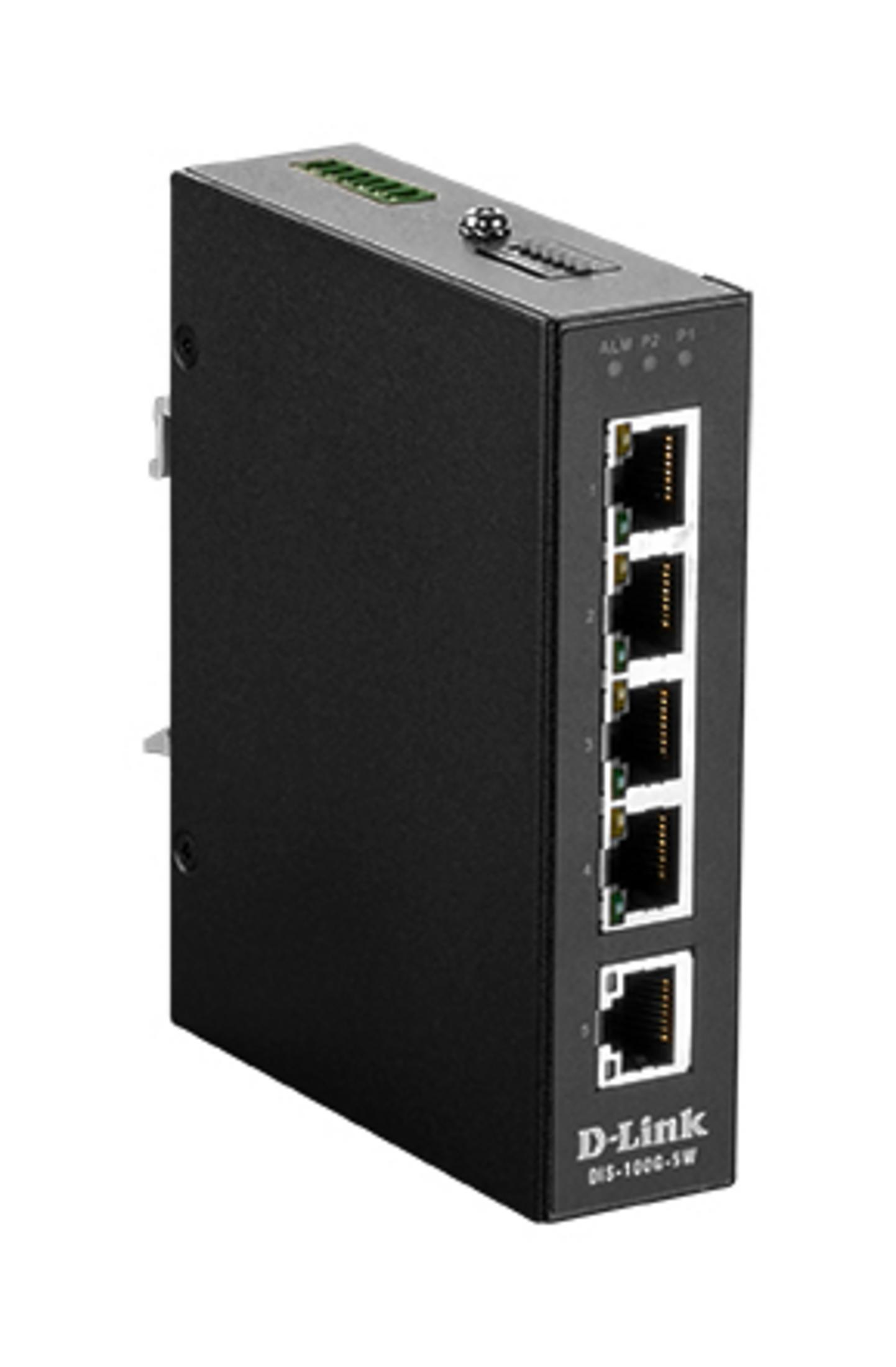 Piccolo switch di rete D-Link nero con cinque porte.