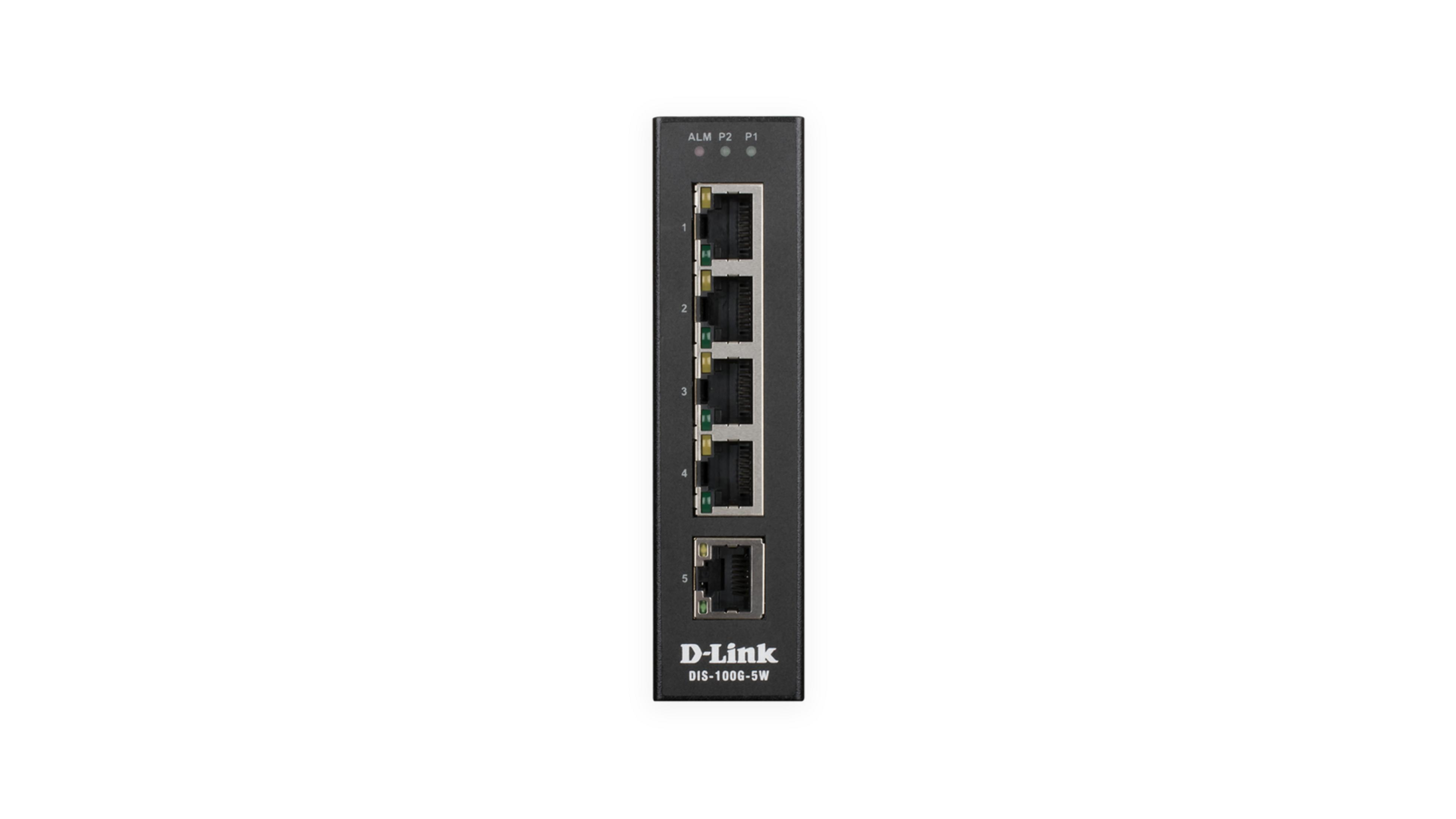 Uno switch di rete D-Link nero con cinque porte e LED indicatori.
