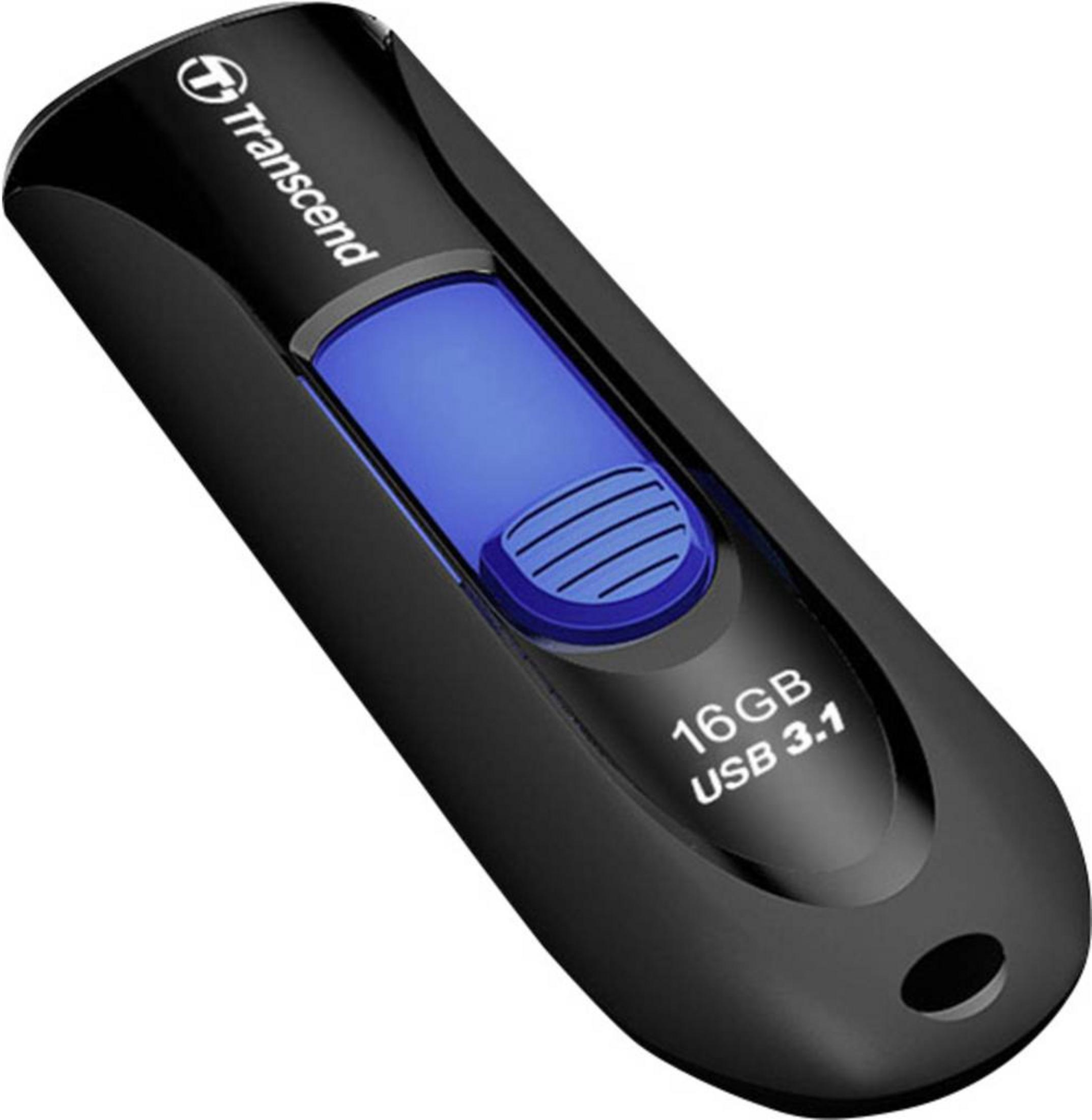 Clé USB noire avec curseur bleu et inscription « Transcend 16GB USB 3.1 ».