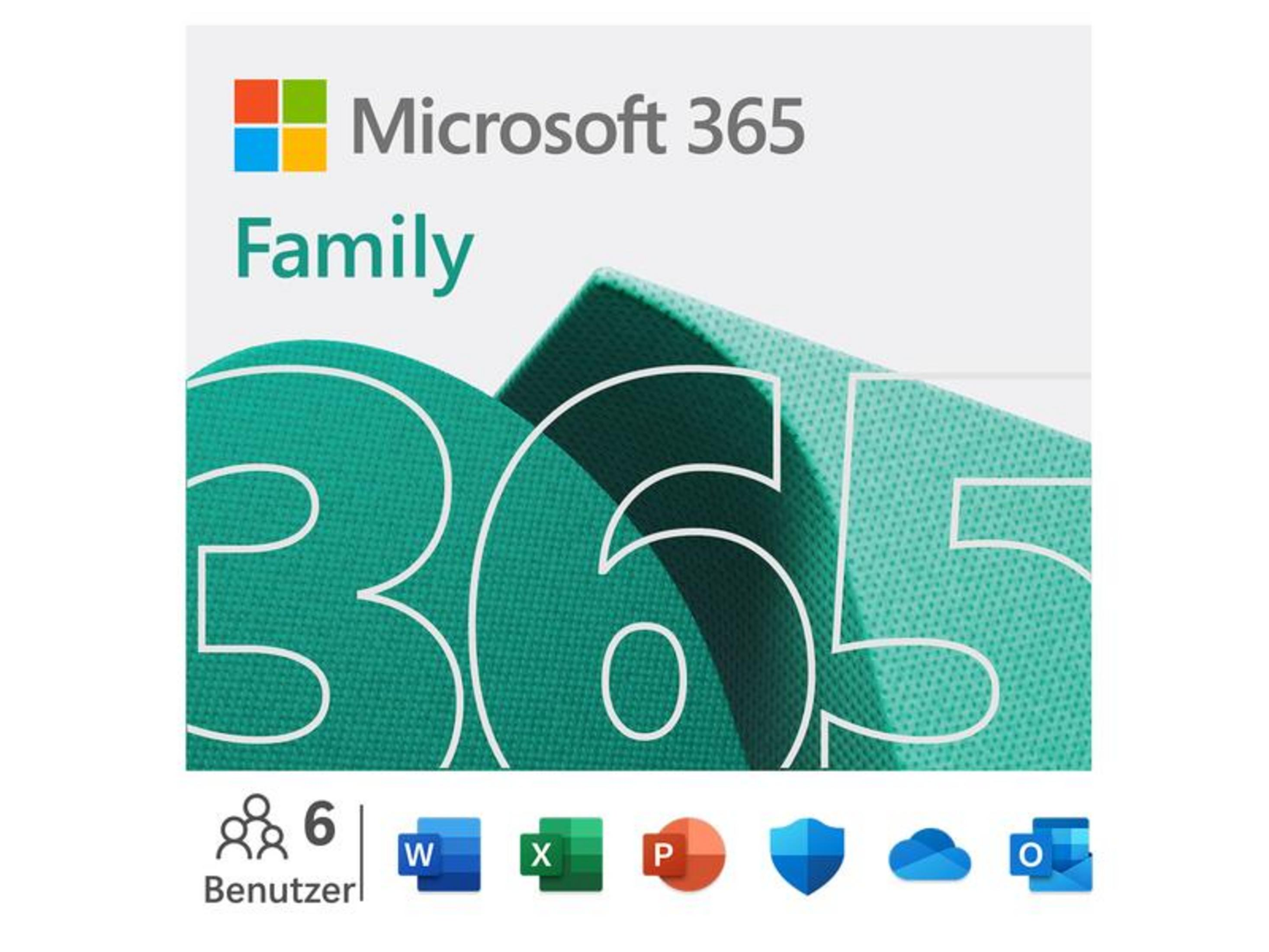 Logo Microsoft 365 Family con grafica 365 e icone app.