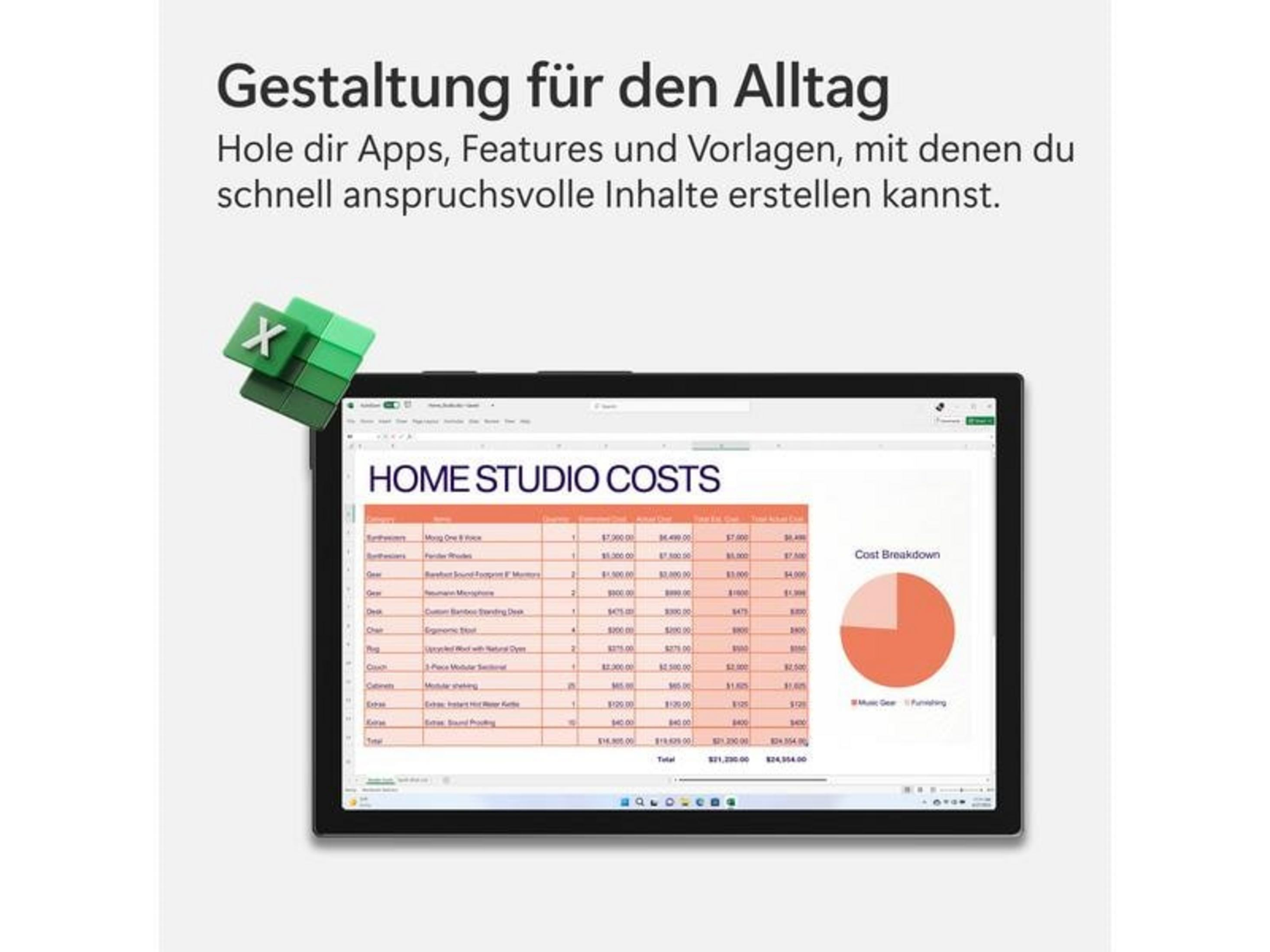Un tablet mostra un foglio di calcolo Excel con dati sui costi e un grafico a torta.
