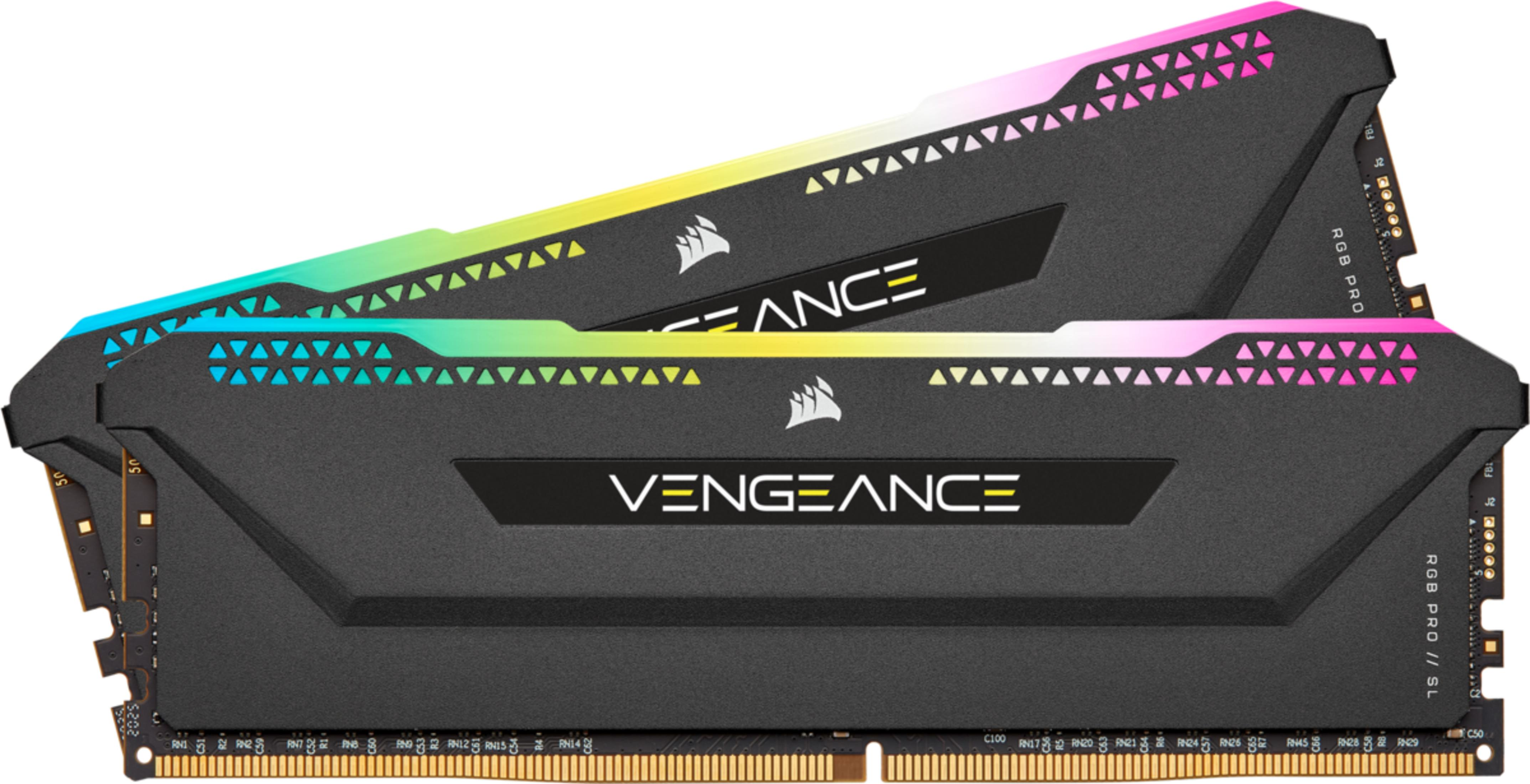 Dwa czarne moduły RAM Corsair Vengeance RGB z podświetlanymi trójkątami.