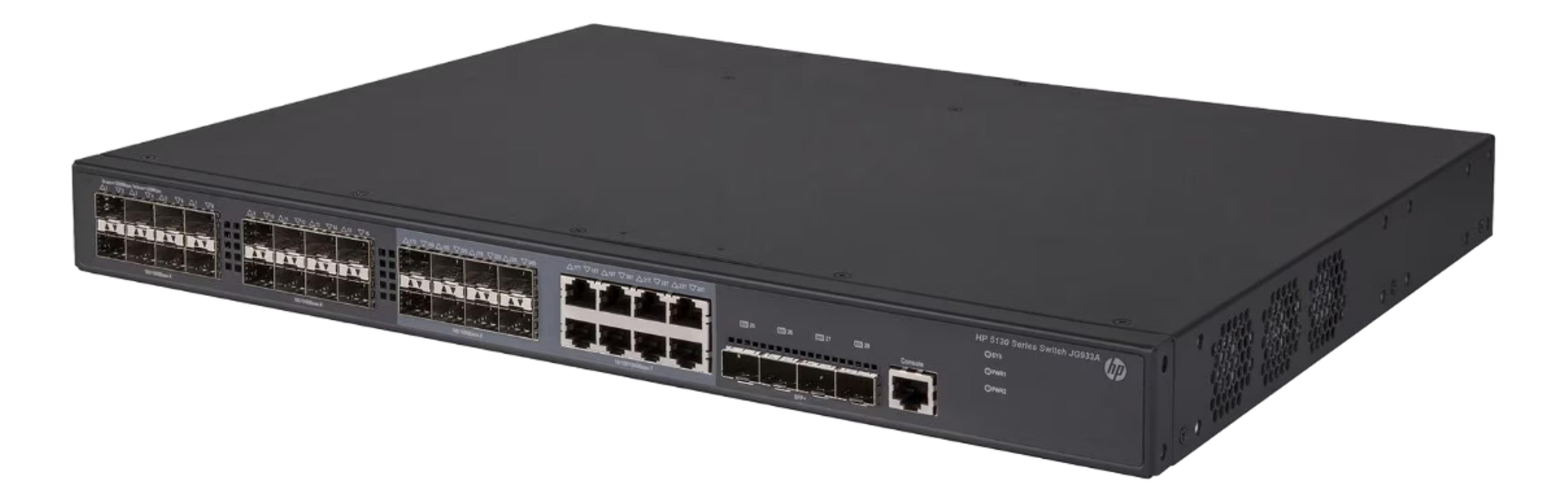 Czarny przełącznik HP 5130 Serii JG933A z wieloma portami i diodami LED.