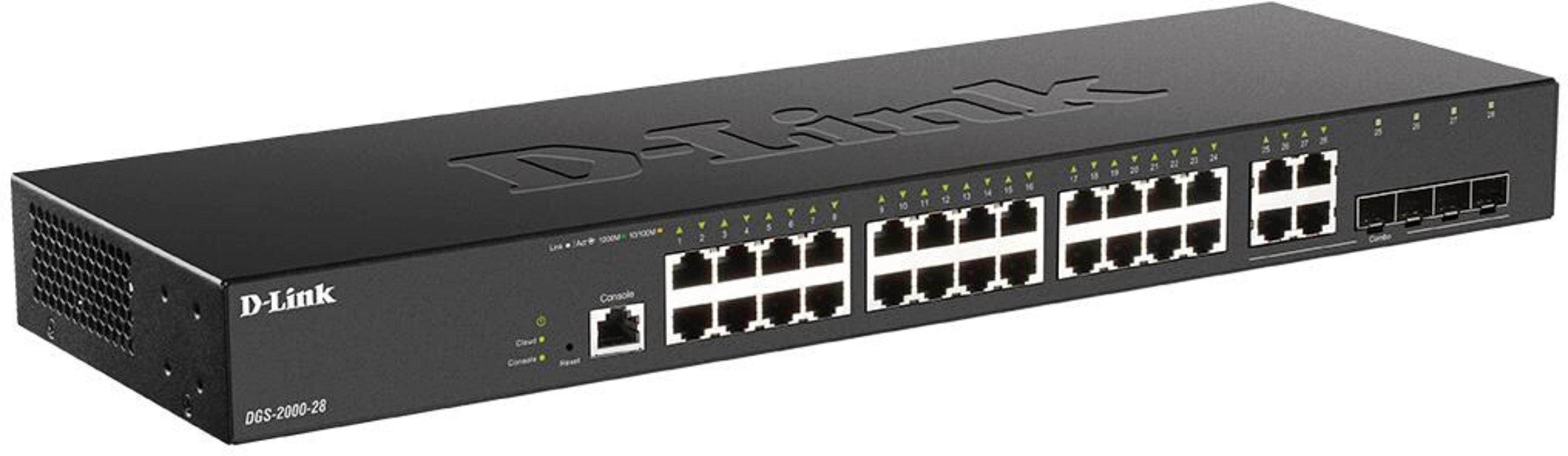 Uno switch di rete D-Link nero con 28 porte e LED di stato.