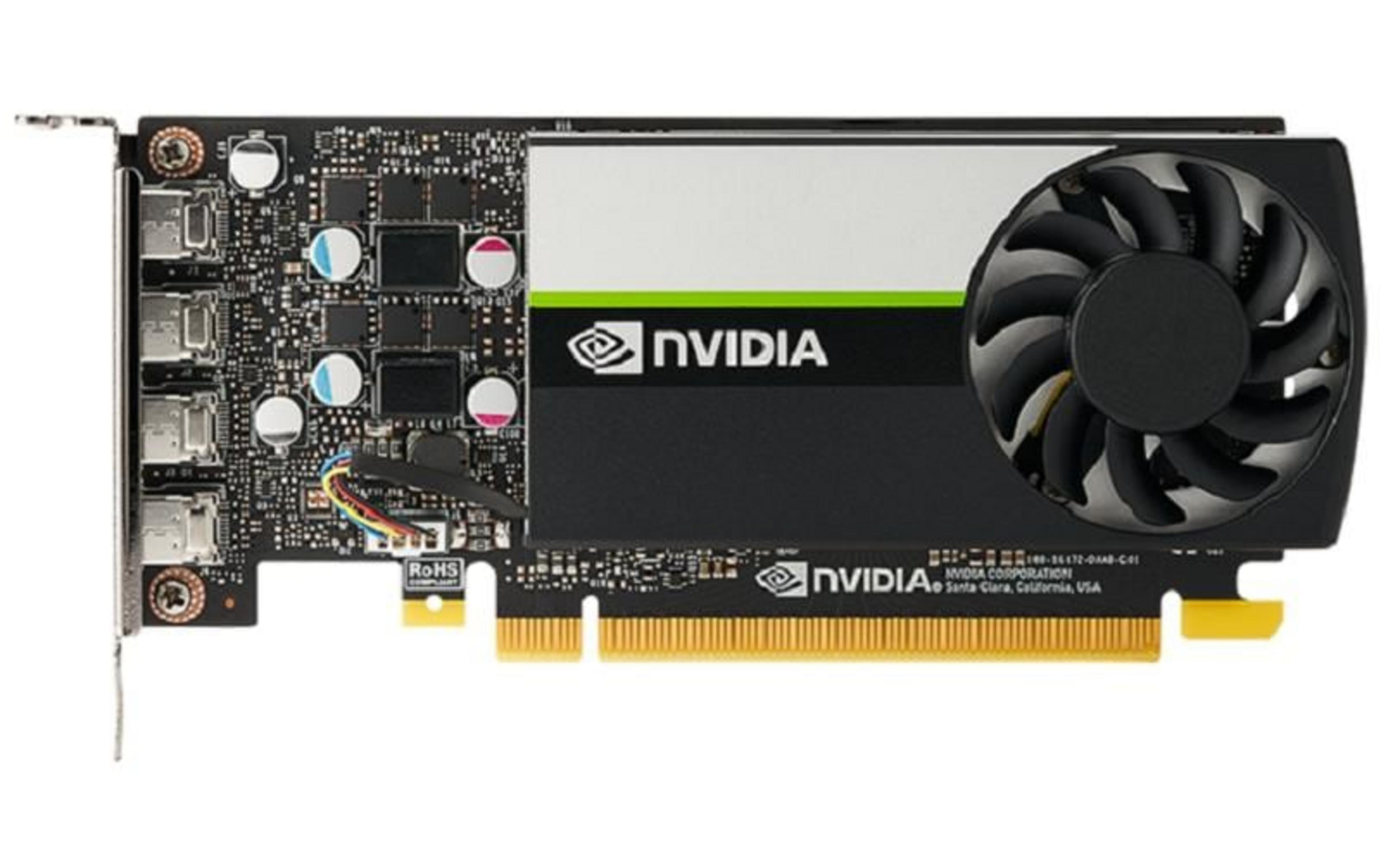 Una scheda grafica Nvidia con ventola, scheda a circuito e connettori.