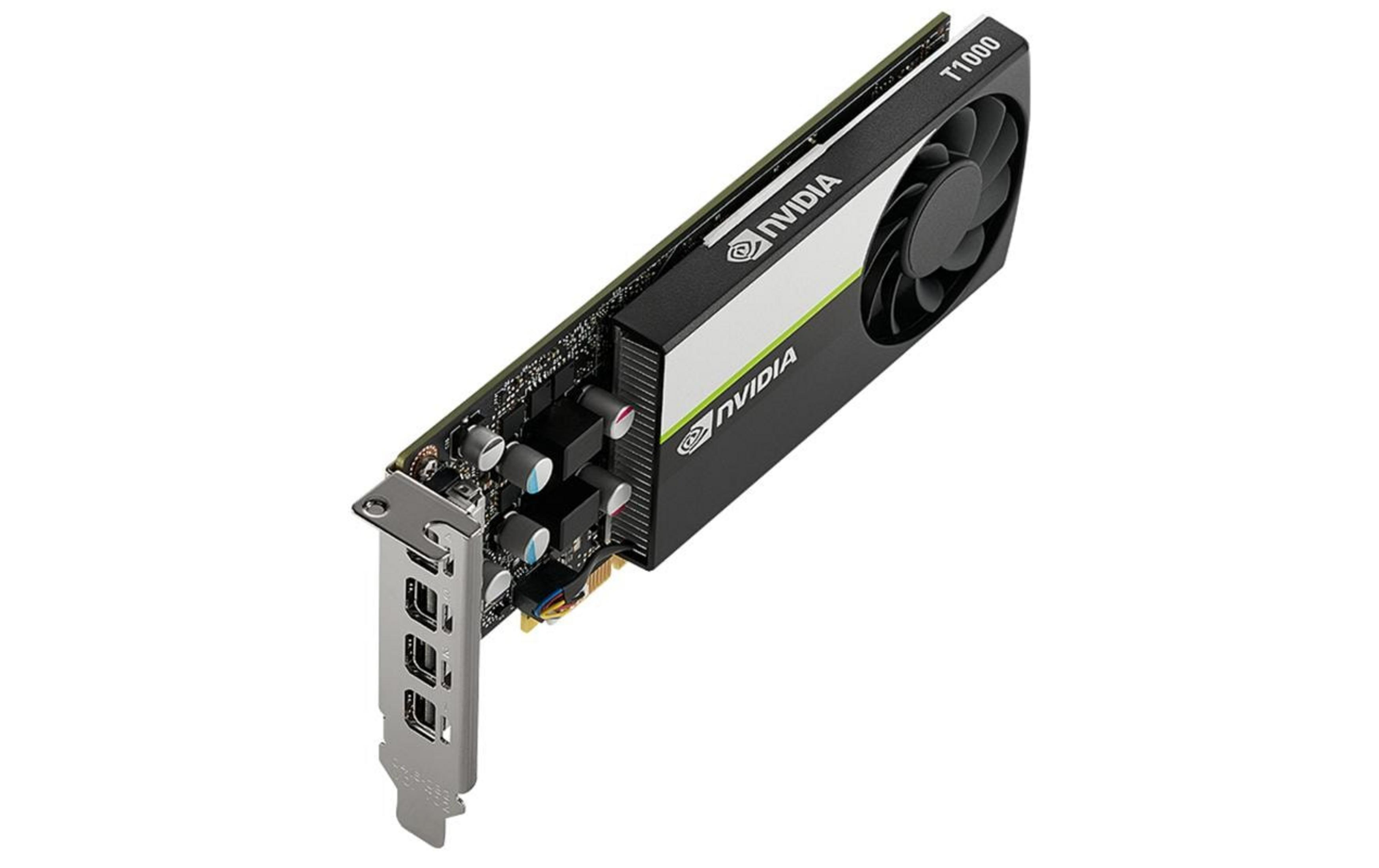 Scheda grafica Nvidia T1000 con ventola e connettori su sfondo bianco.