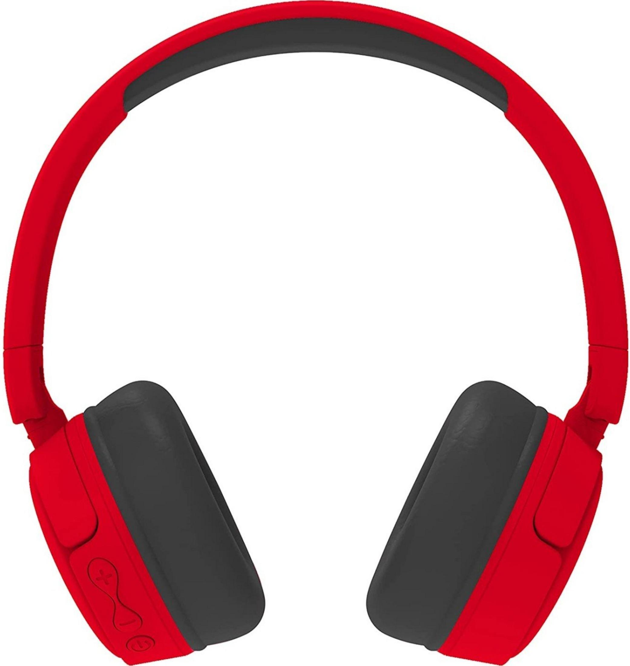 Czerwone słuchawki z czarnymi nausznikami i przyciskami.