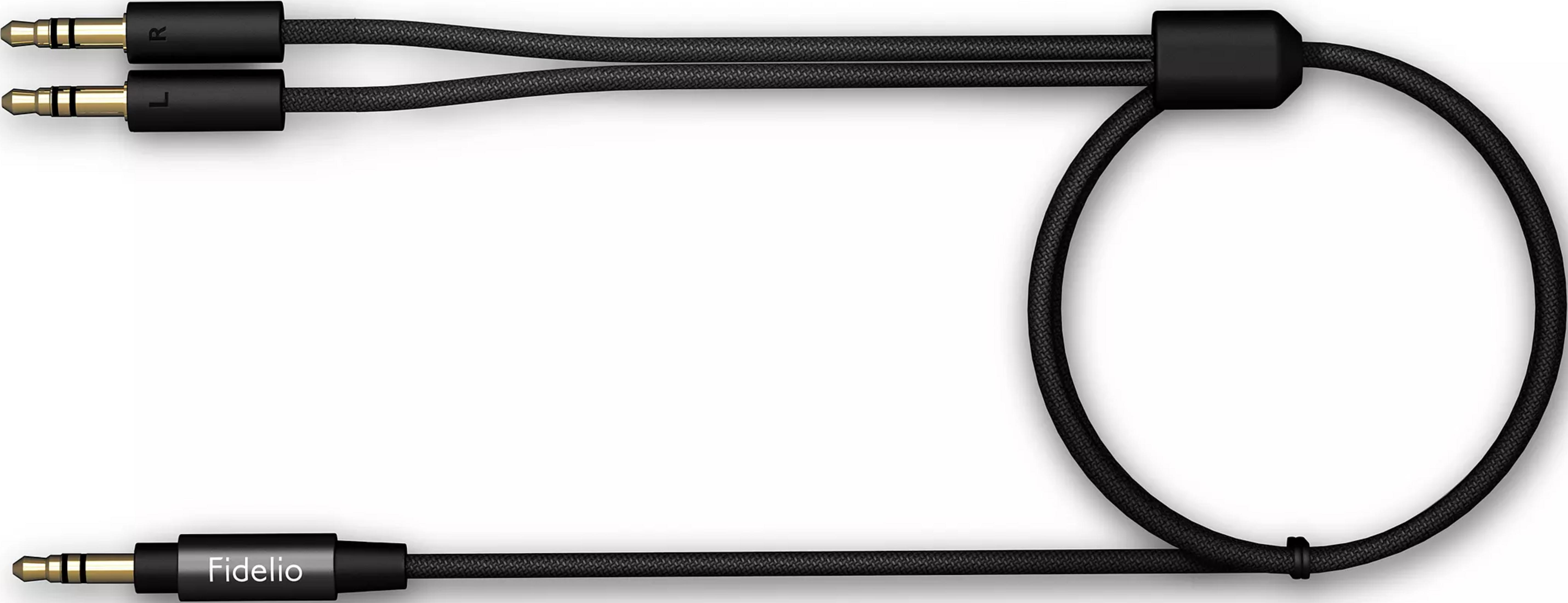 Ein schwarzes Audiokabel mit zwei 3,5-mm-Steckern und einem Fidelio-Stecker.