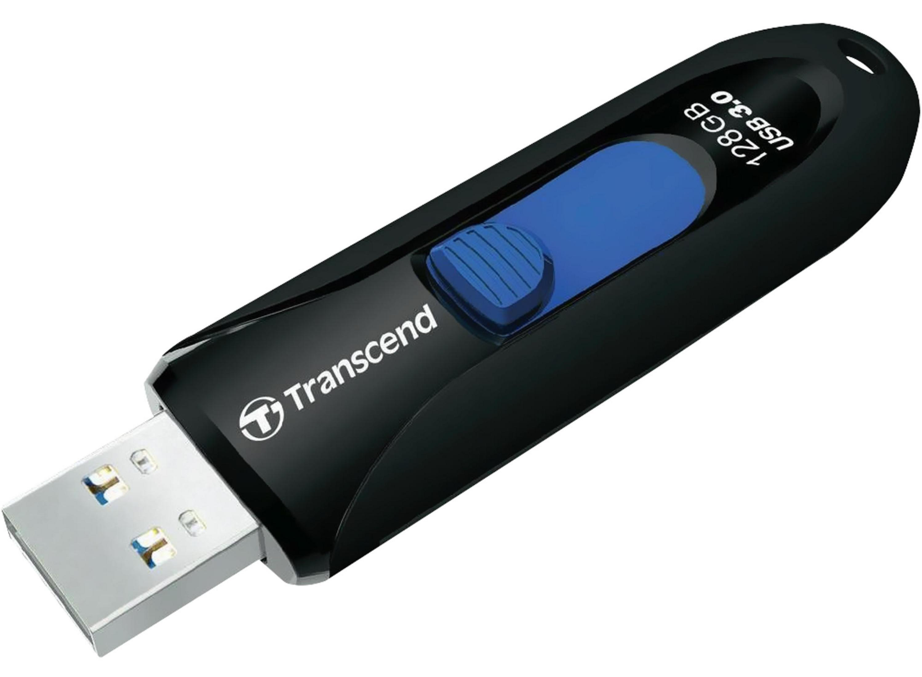 Clé USB noire avec curseur bleu et inscription 128GB USB 3.0.