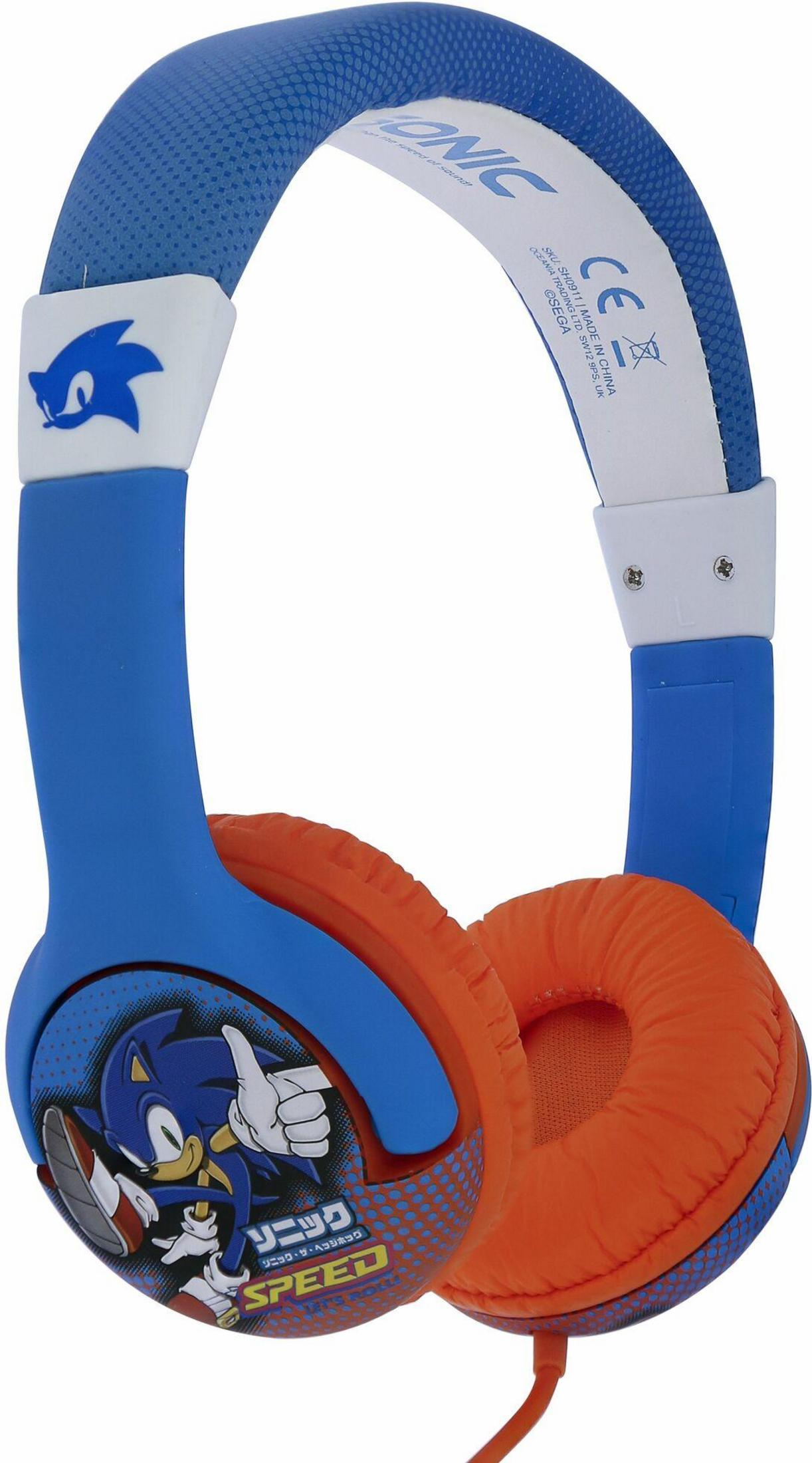 Niebieskie słuchawki z motywem Sonic i pomarańczowymi nausznikami.