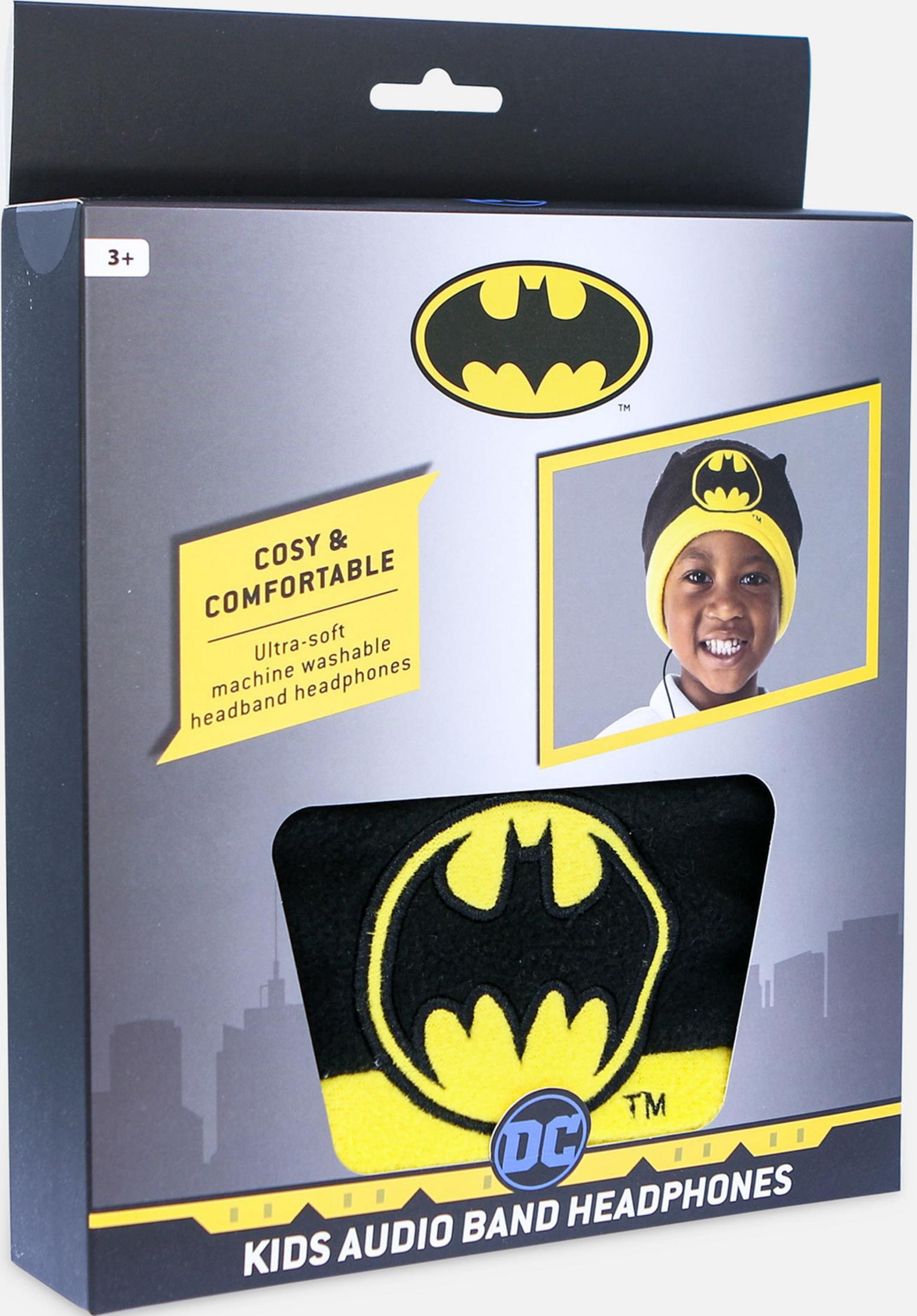 Scatola cuffie Batman con un bambino che le indossa.