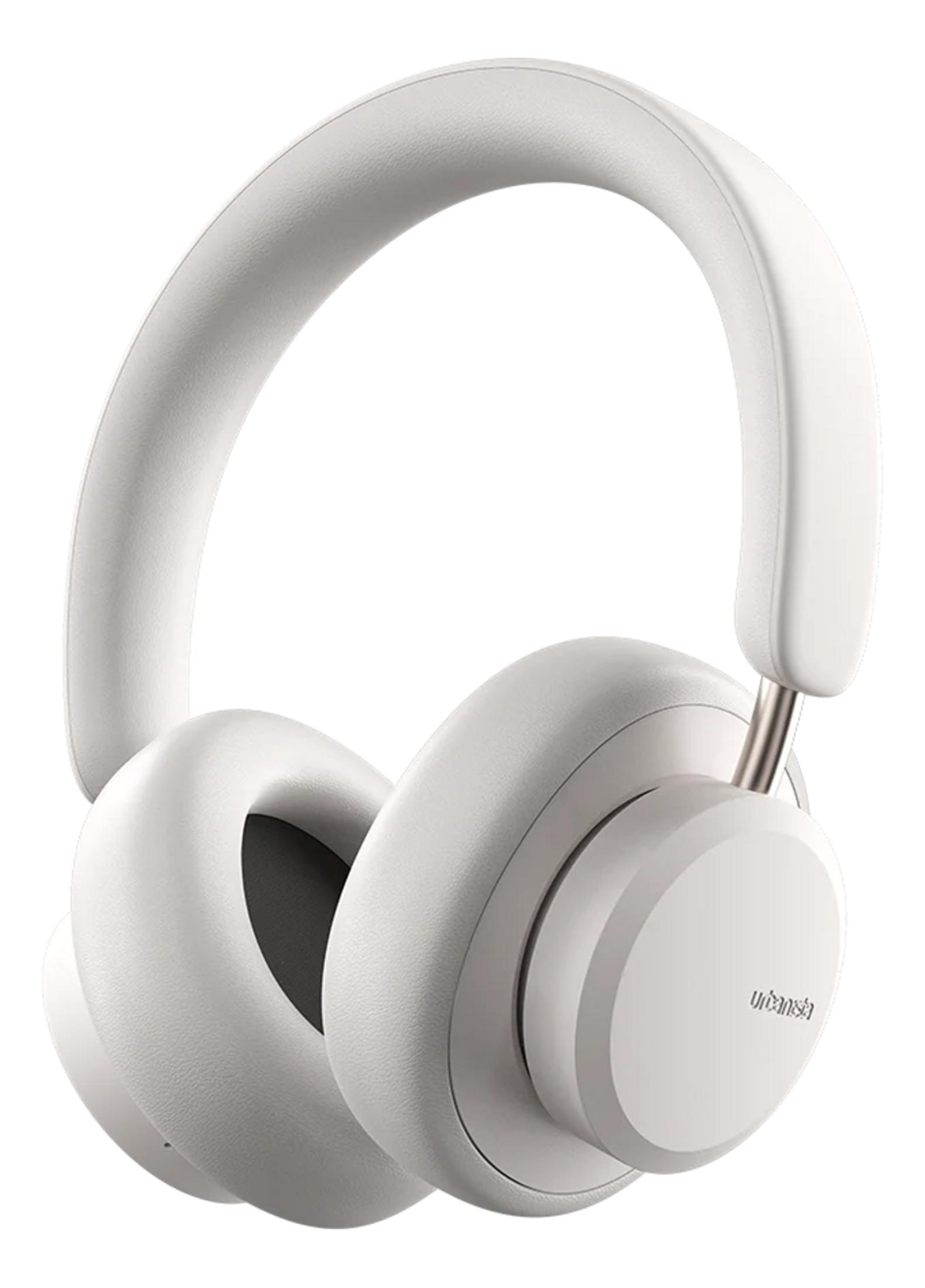 Białe słuchawki nauszne z metalowym pałąkiem.
