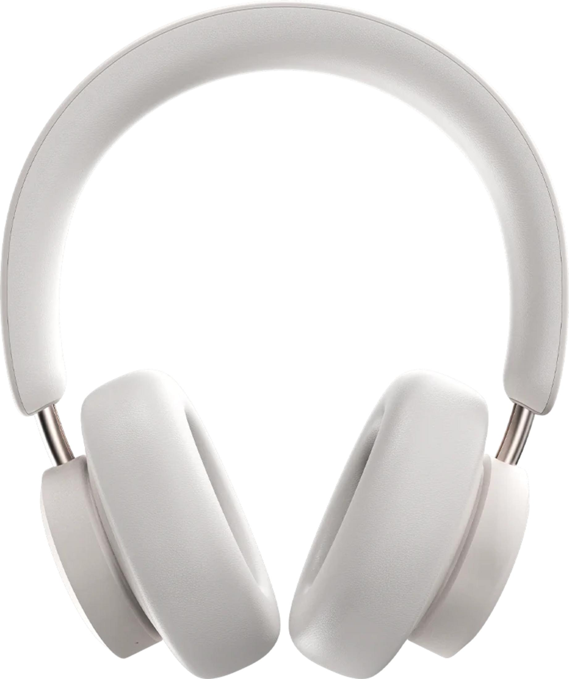 Białe słuchawki nauszne ze srebrnymi akcentami, na białym tle.