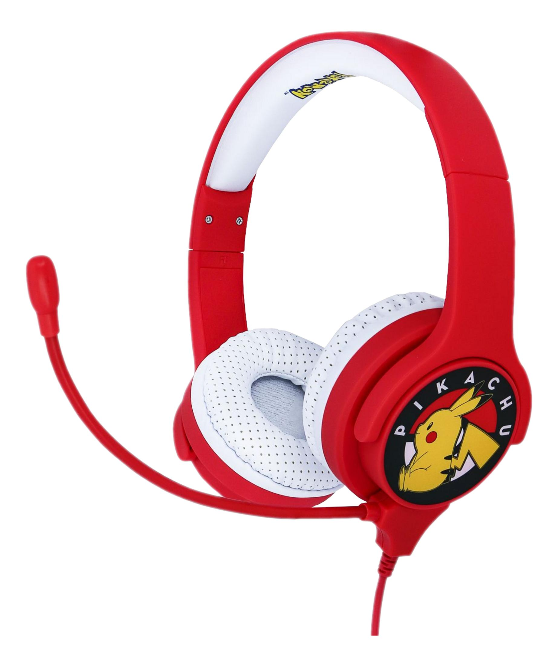 Czerwone słuchawki z Pikachu i mikrofonem.