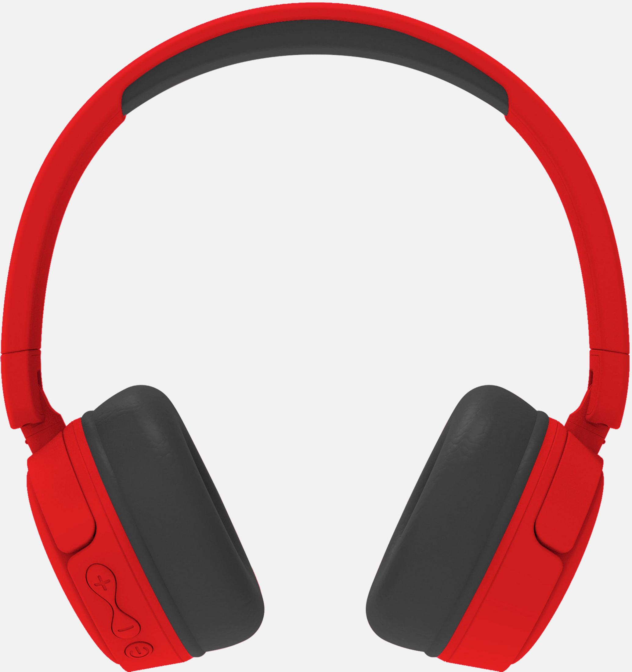 Czerwono-czarne słuchawki z wyściełanymi nausznikami i pałąkiem.