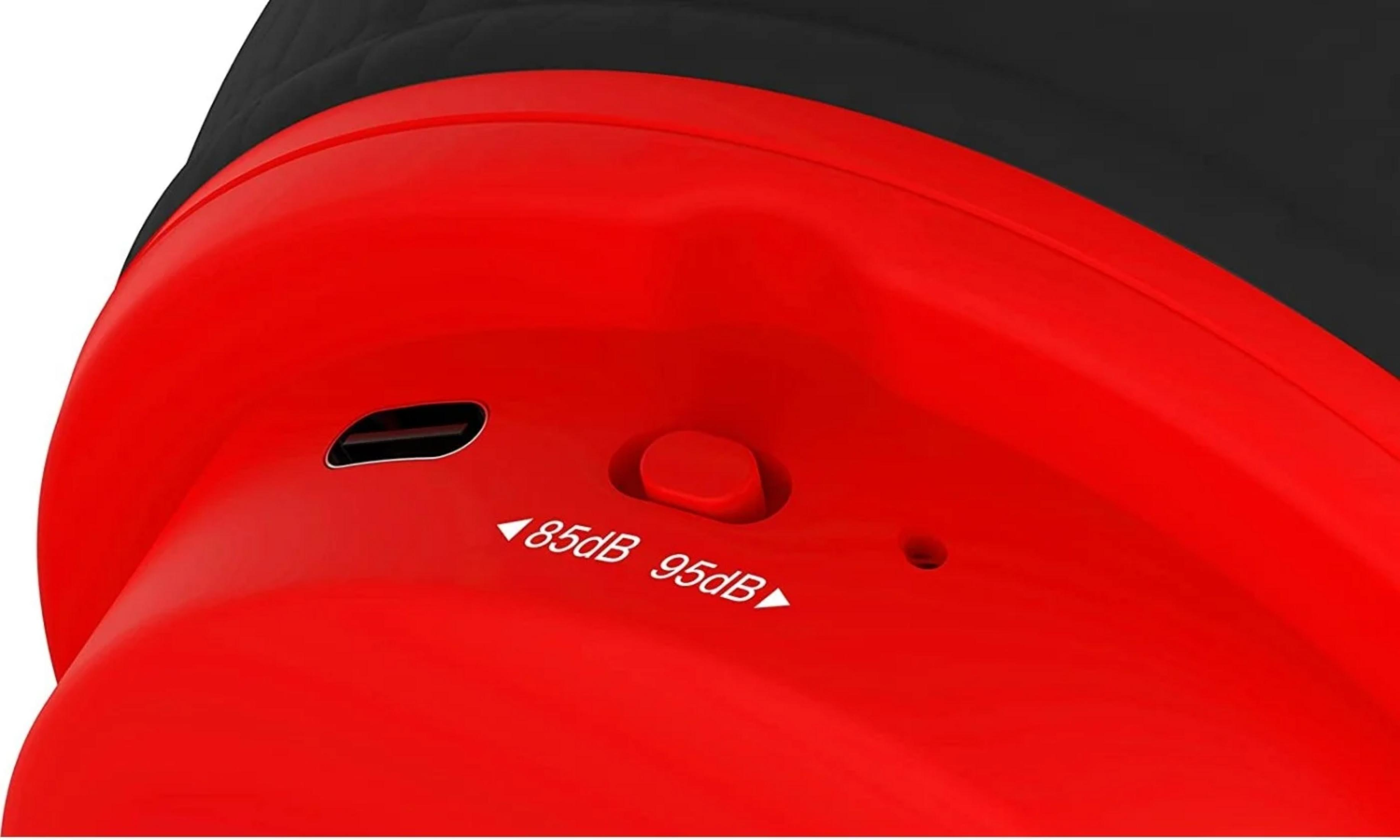 Czerwona obudowa z portem USB-C, przyciskiem i znacznikami głośności 85dB/95dB.