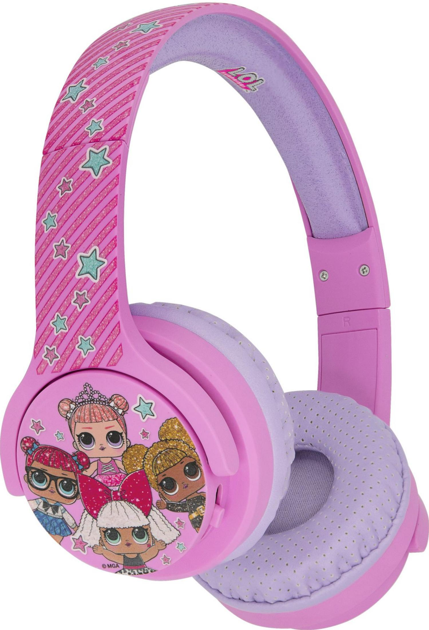 Auriculares rosas con muñecas LOL y estampado de estrellas.