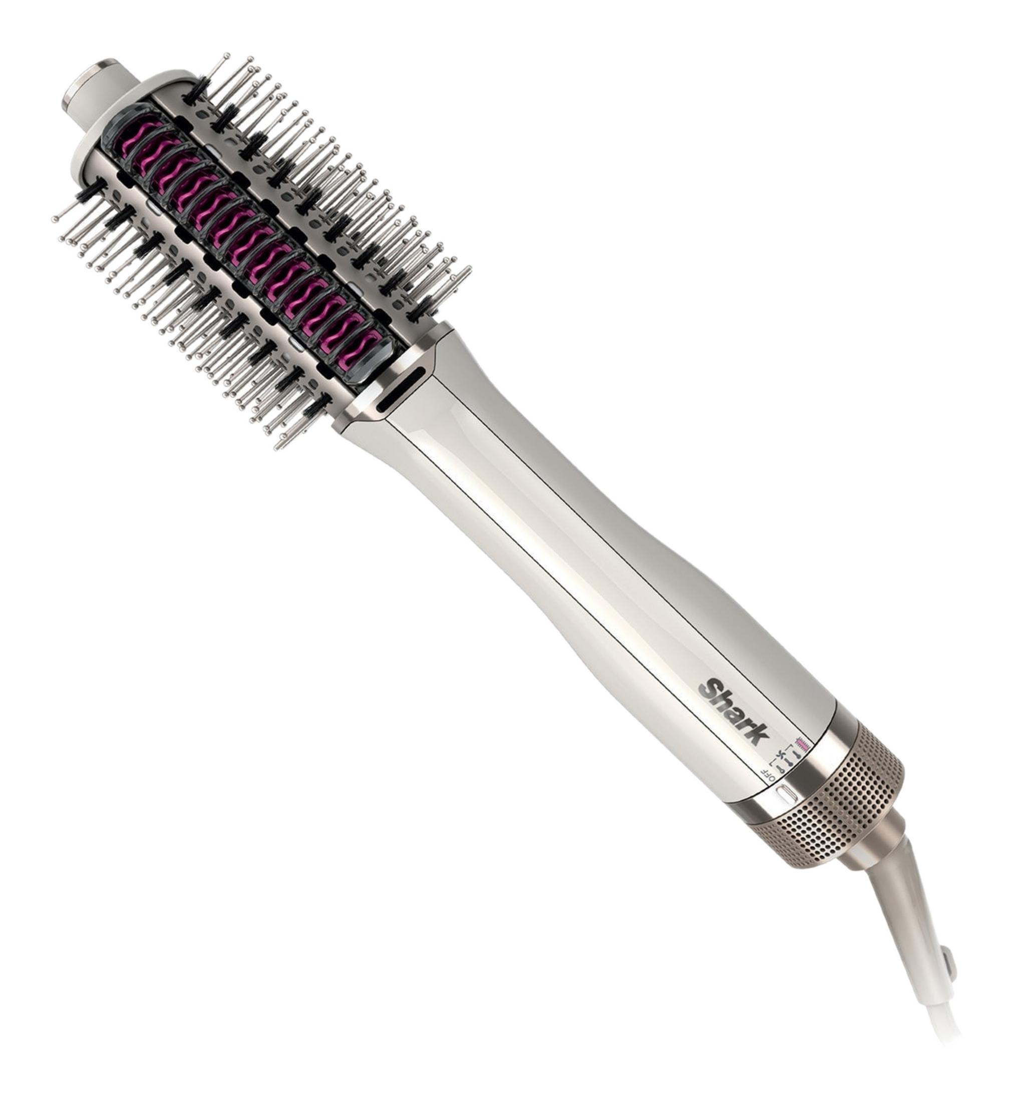 Srebrna suszarka do włosów Shark z obrotowymi szczotkami i fioletowymi detalami.