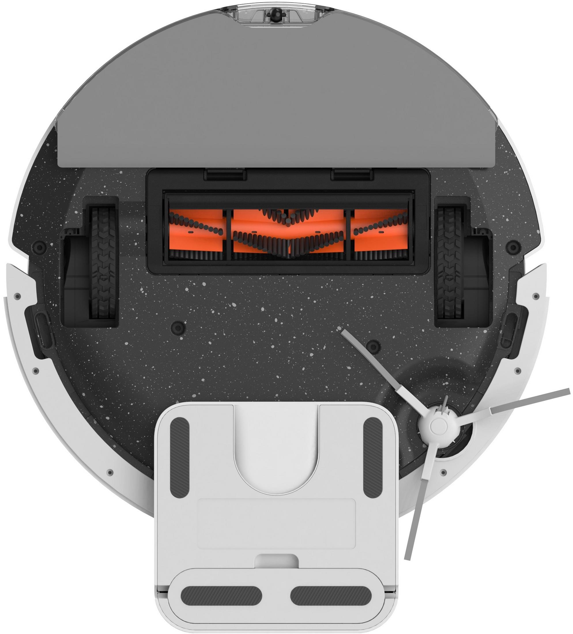 Vista inferiore di un robot aspirapolvere con spazzole, ruote e spazzola laterale.