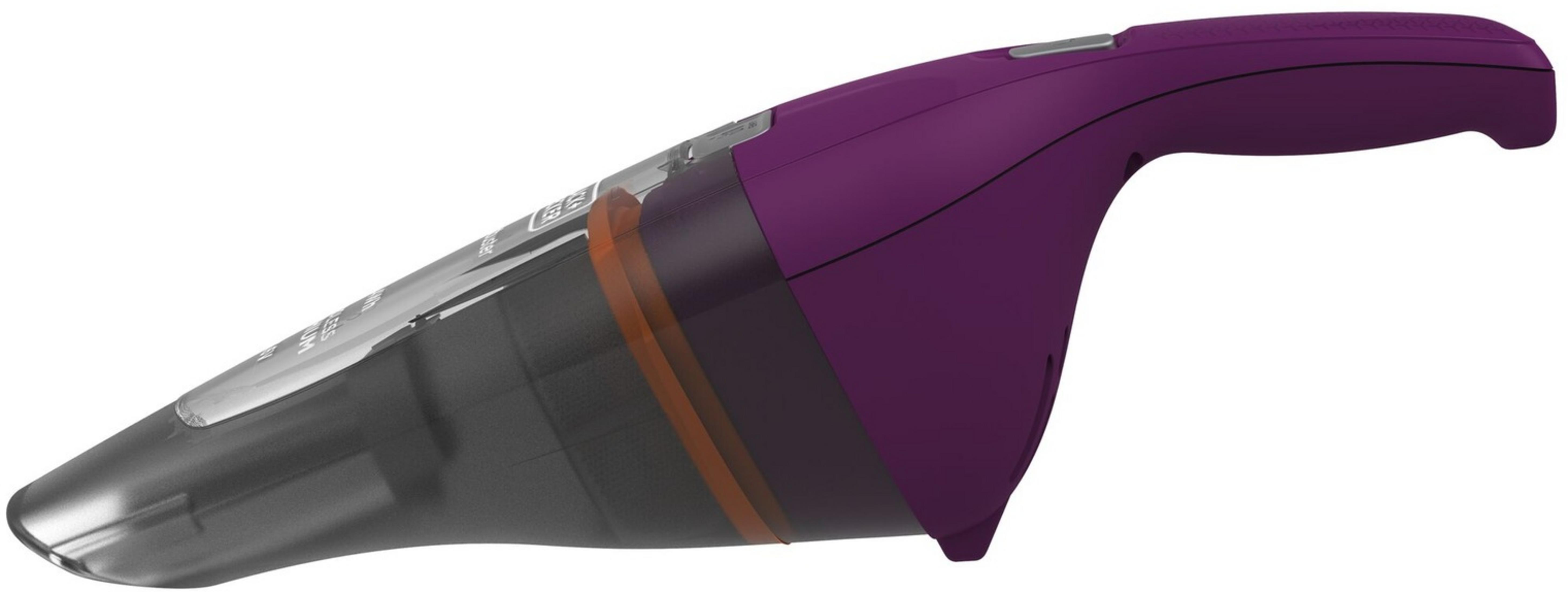 Fioletowy odkurzacz ręczny z przezroczystym pojemnikiem na kurz i pomarańczowym akcentem.