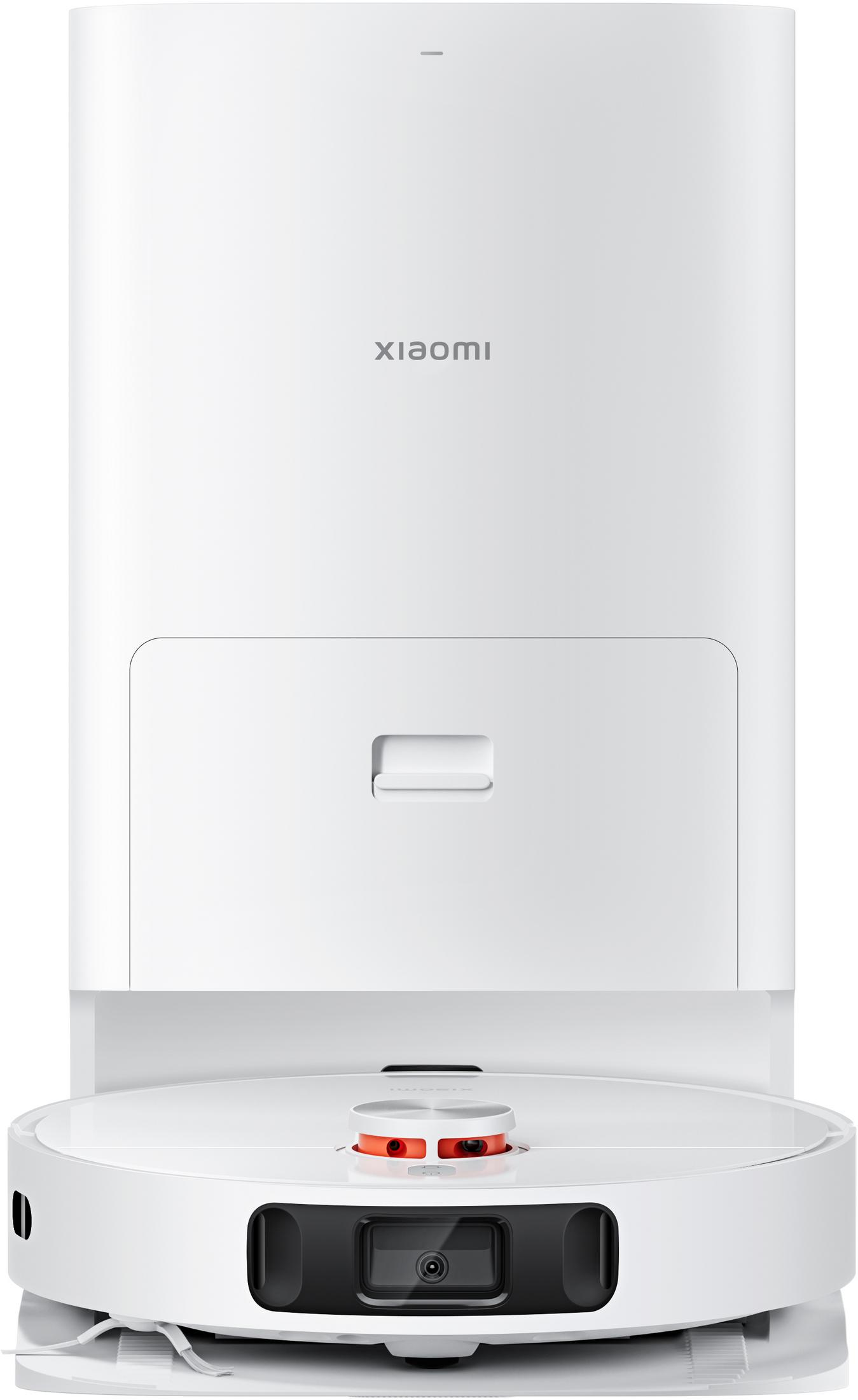 Biały robot sprzątający z bazą ładującą jest pokazany. Widoczne logo Xiaomi.