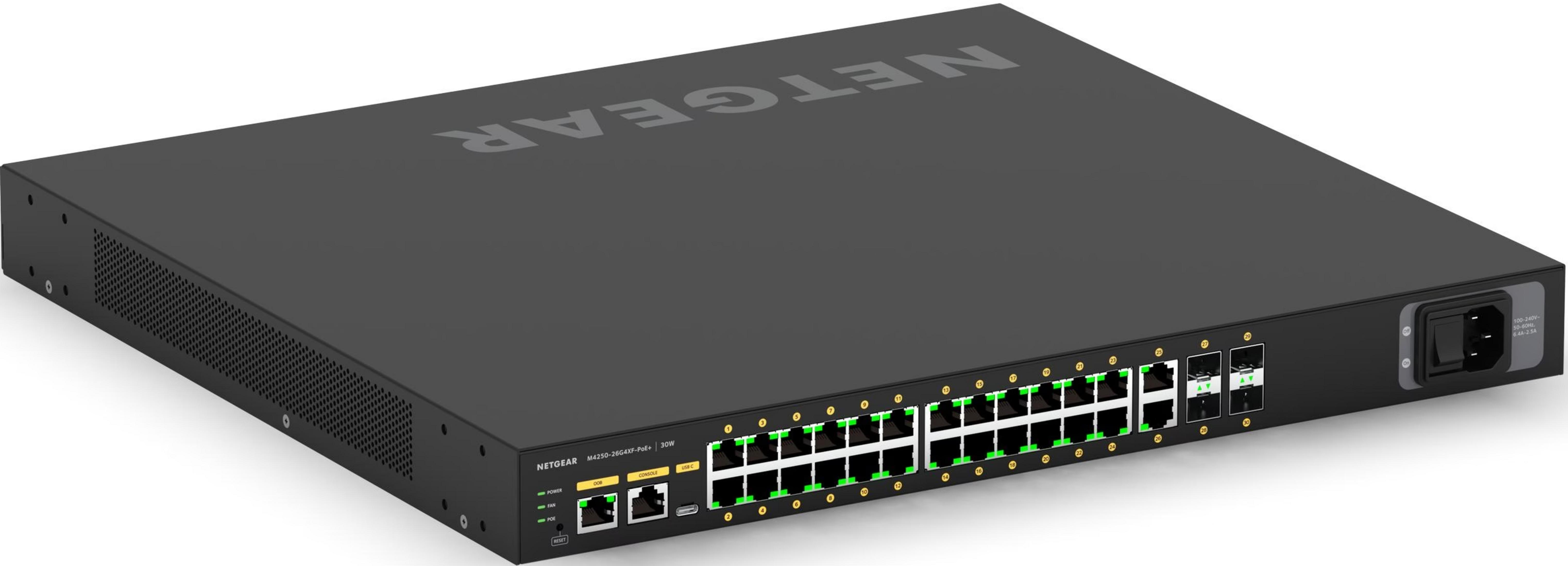 Czarny przełącznik sieciowy Netgear z 26 portami i diodami LED.