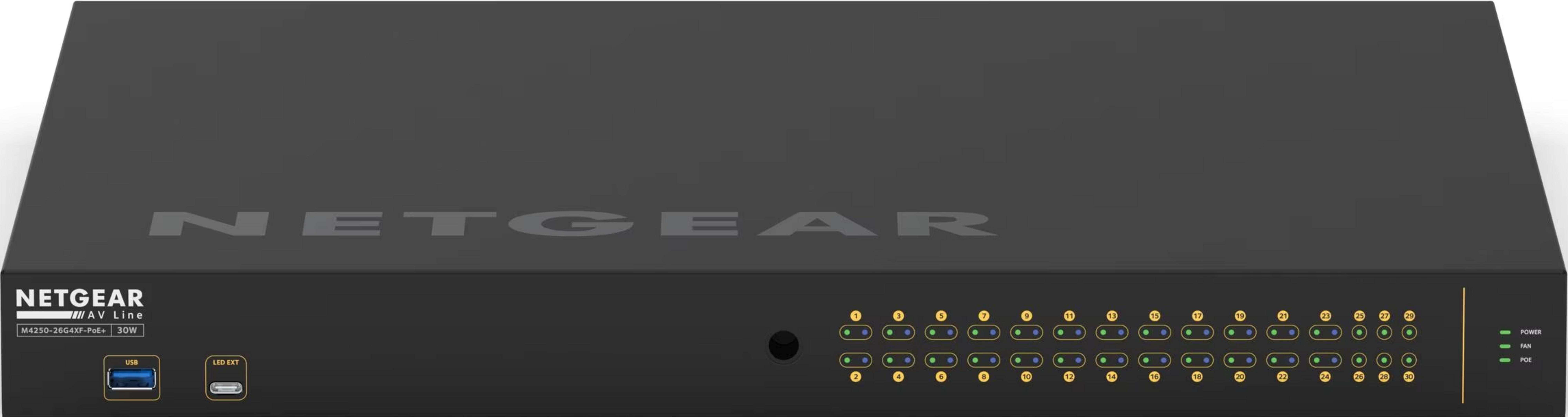 Czarny Netgear AV Line M4250-26G4XF-PoE+ 30W z portami USB i LED EXT.