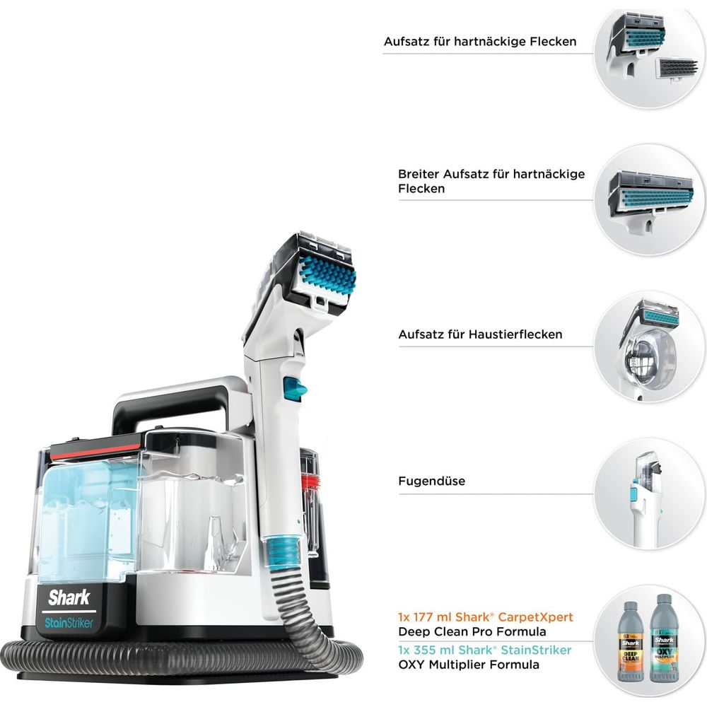 Odkurzacz do dywanów Shark StainStriker z akcesoriami: dysza szczelinowa, do zwierząt, szeroka i zwykła.