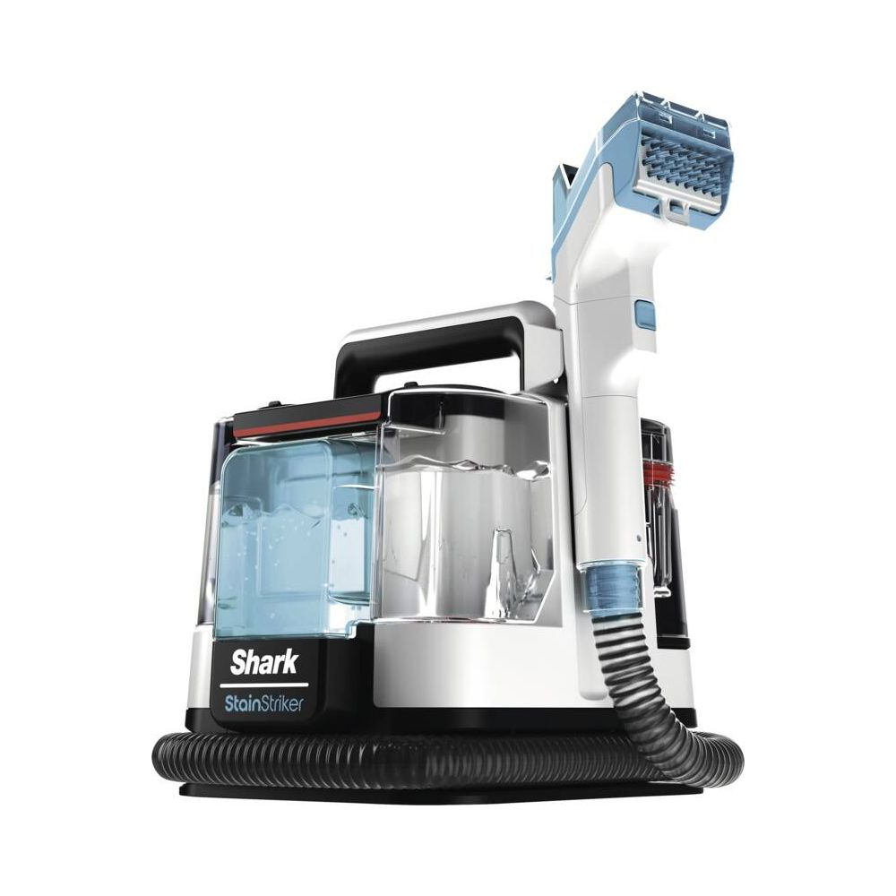 Biały i niebieski czyścik Shark StainStriker z dwoma zbiornikami i wężem.