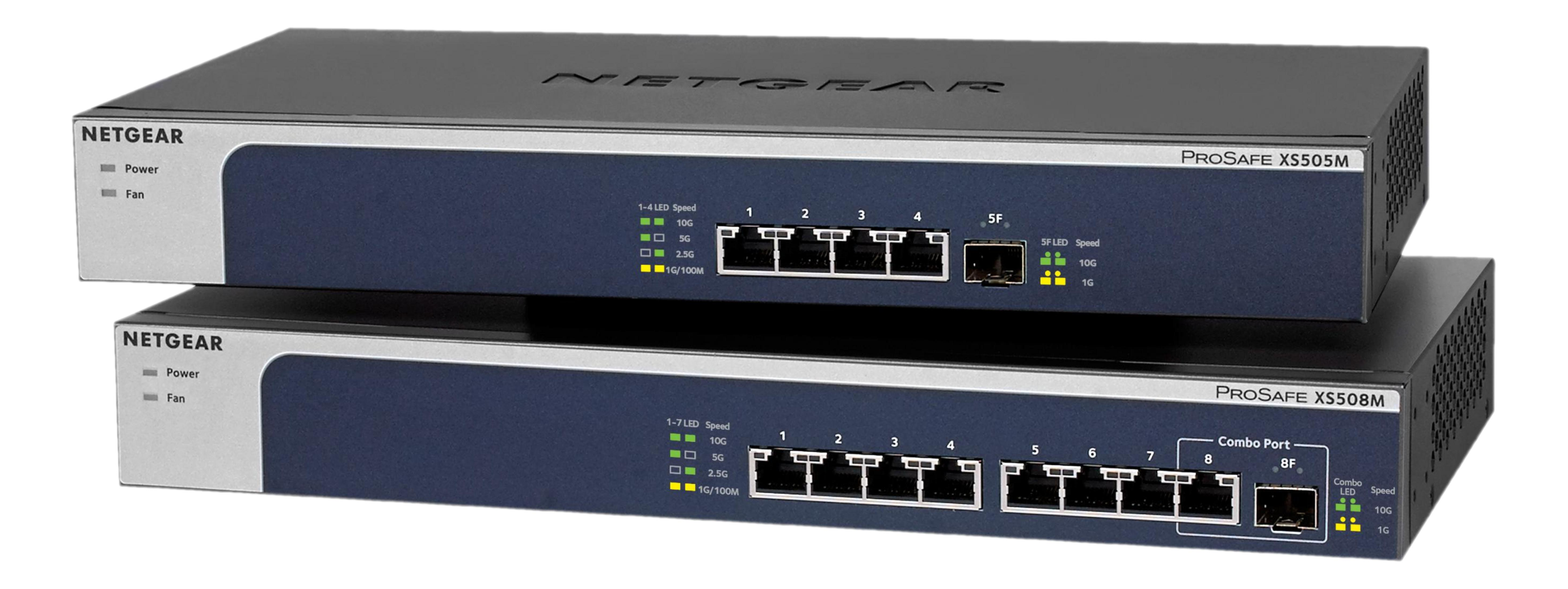Dwa ułożone w stos przełączniki sieciowe Netgear ProSAFE. Górny to XS505M, dolny XS508M.