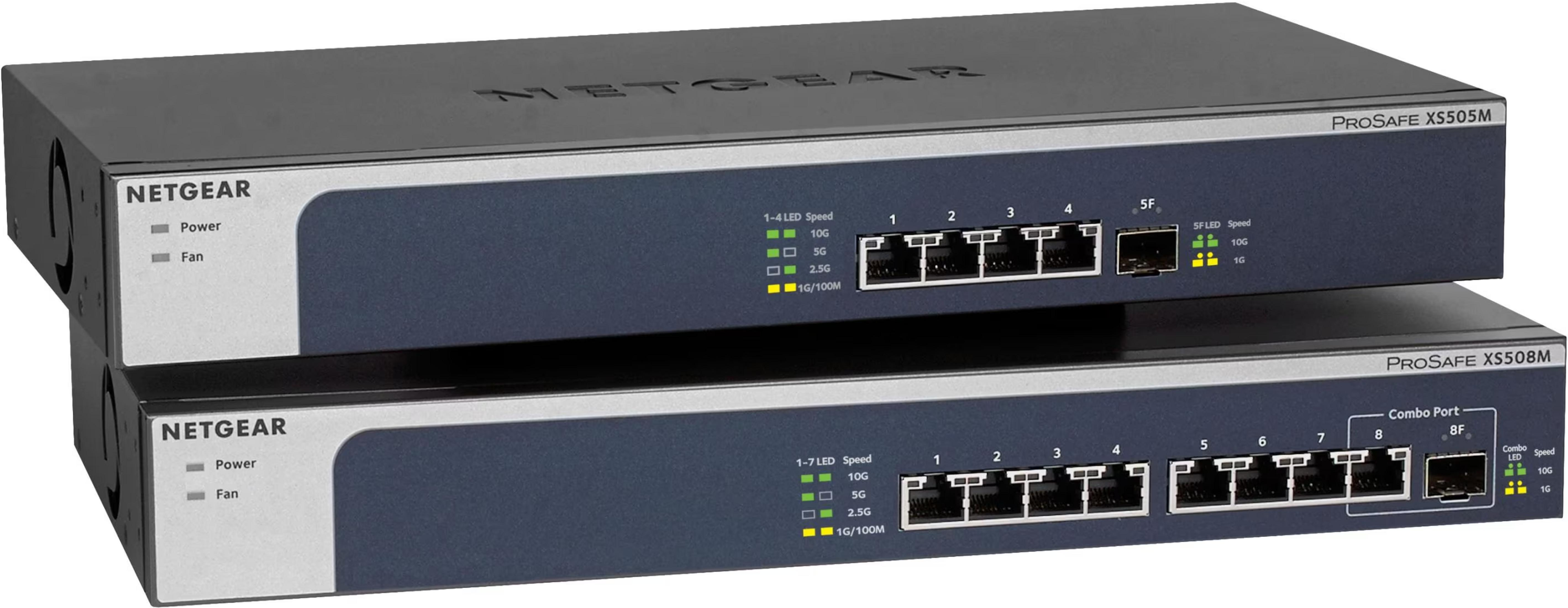 Dwa przełączniki sieciowe Netgear ProSAFE XS505M i XS508M, ułożone.