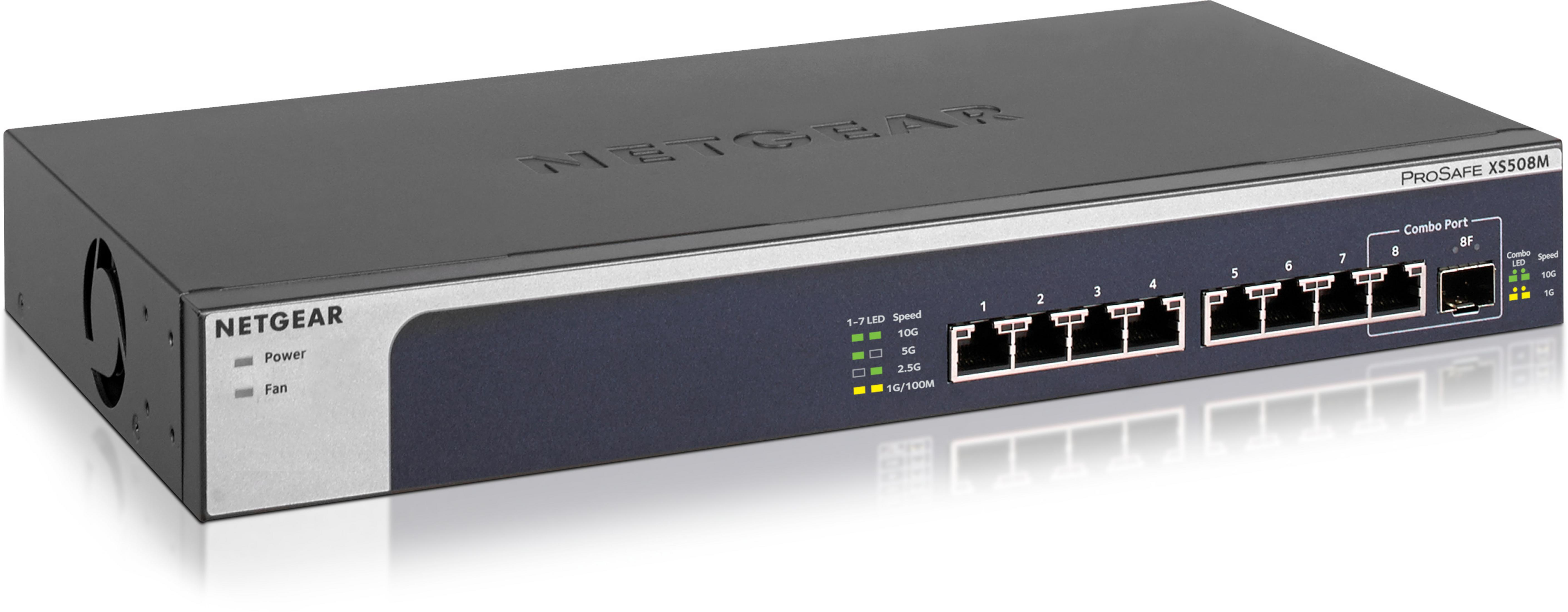 Czarny przełącznik sieciowy Netgear ProSAFE XS508M z 8 portami i diodami statusu.