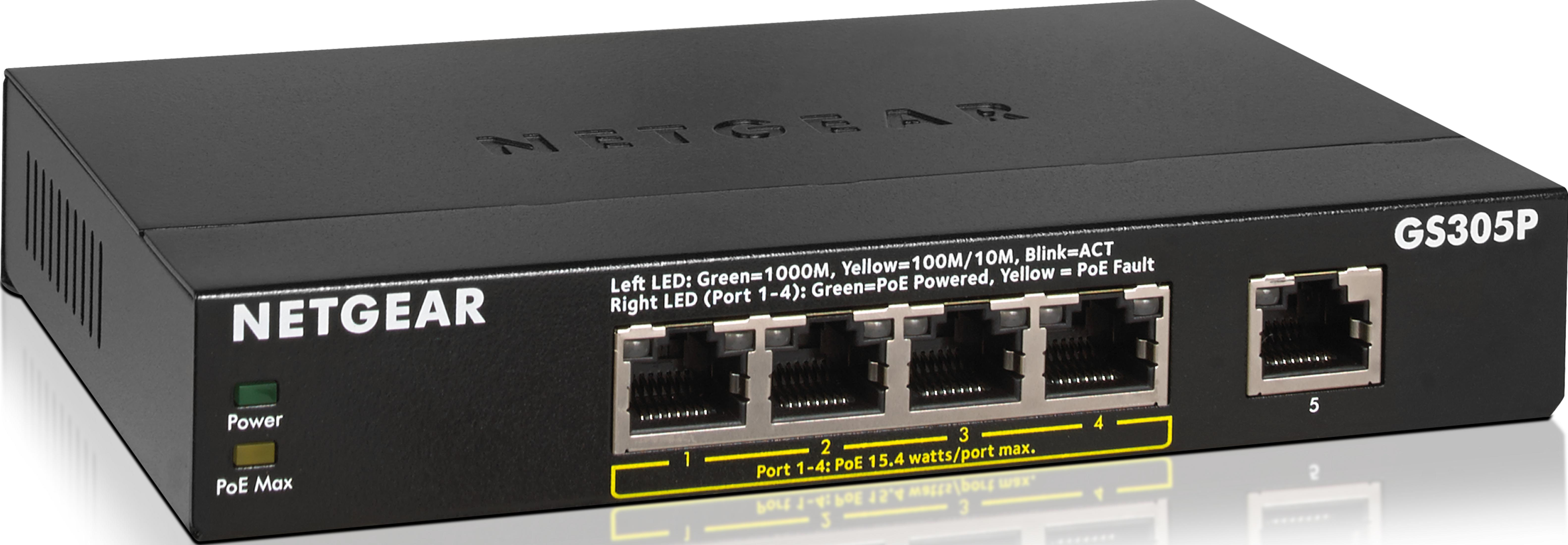 Un switch Netgear GS305P negro con 5 puertos y LEDs.