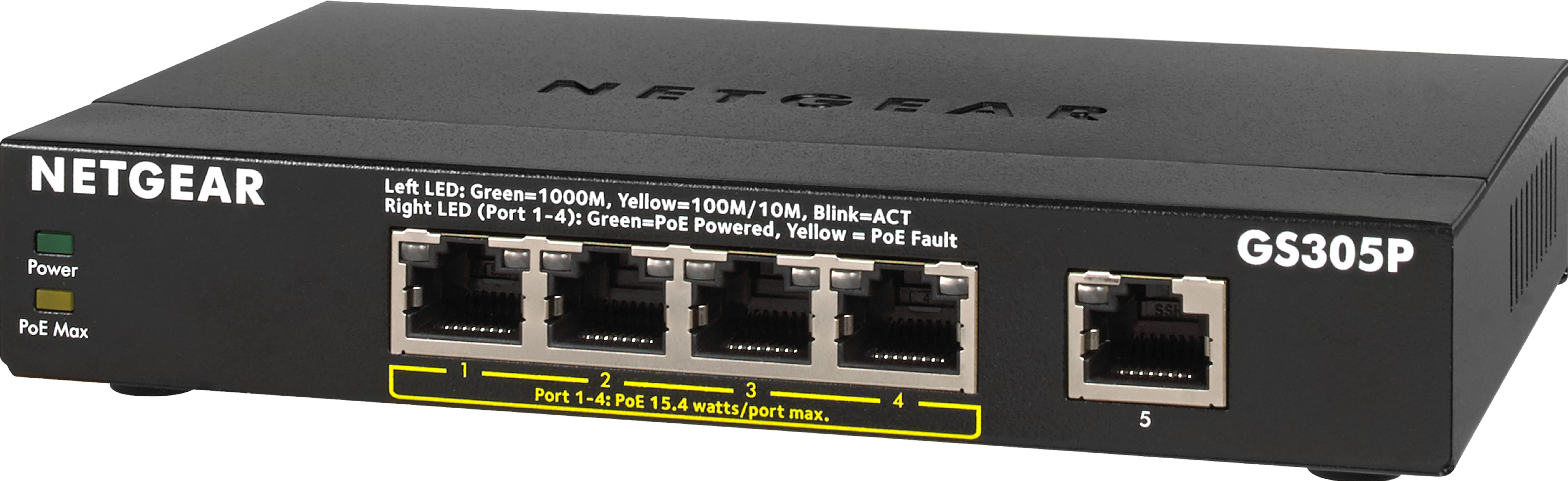 Un switch de red Netgear GS305P negro de 5 puertos.