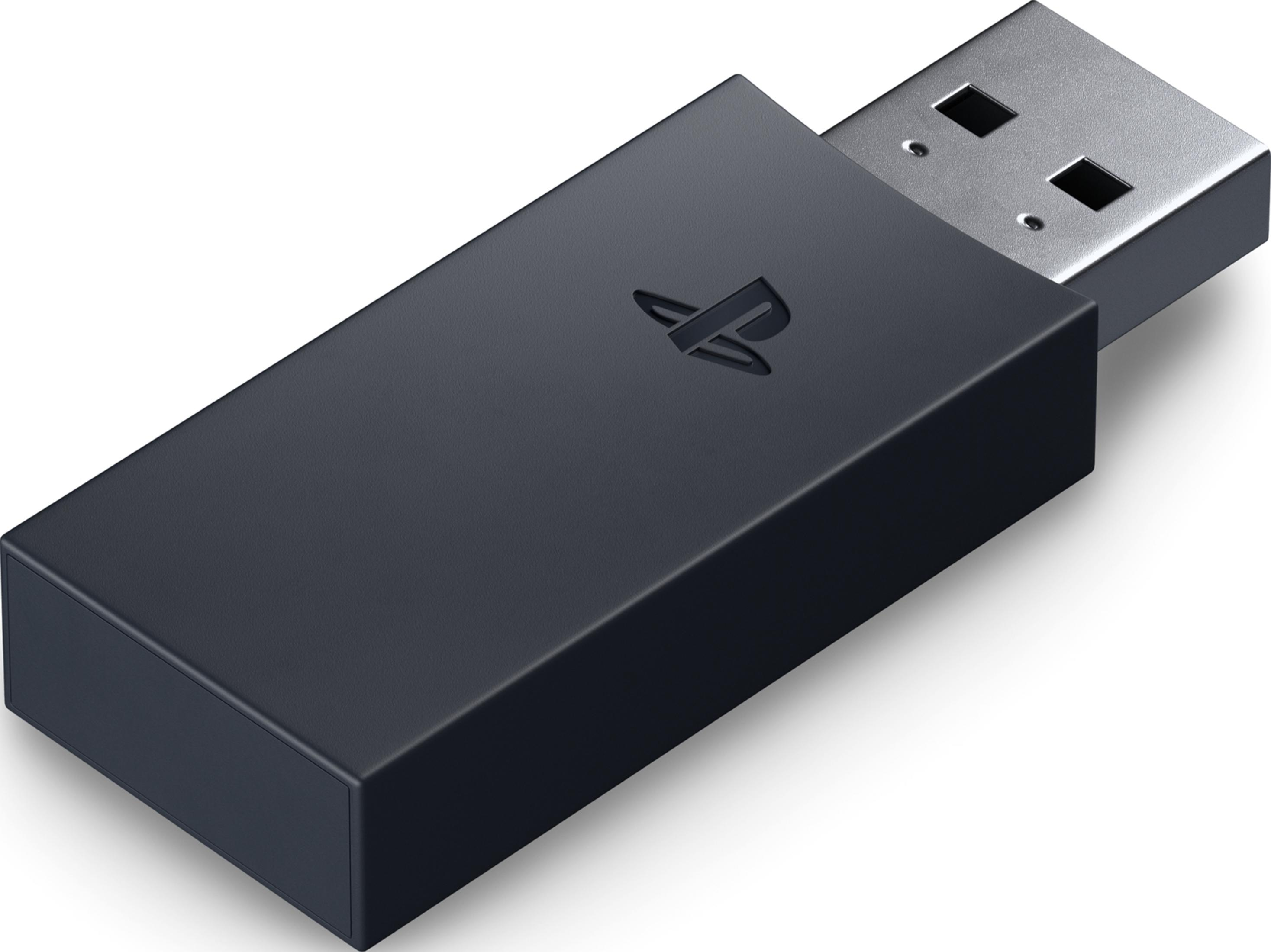 PlayStation logosu ve gümüş konektörlü siyah USB dongle.