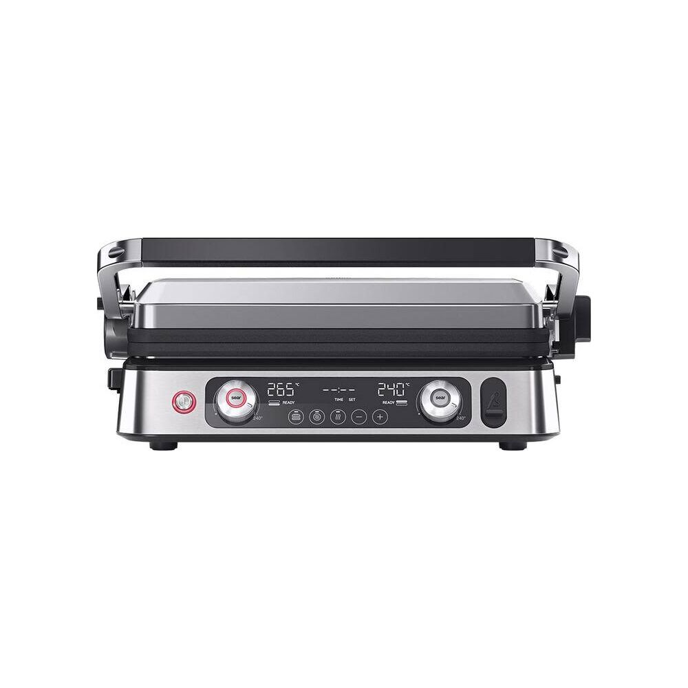 Zamknięty srebrny grill kontaktowy z cyfrowym wyświetlaczem i przyciskami.