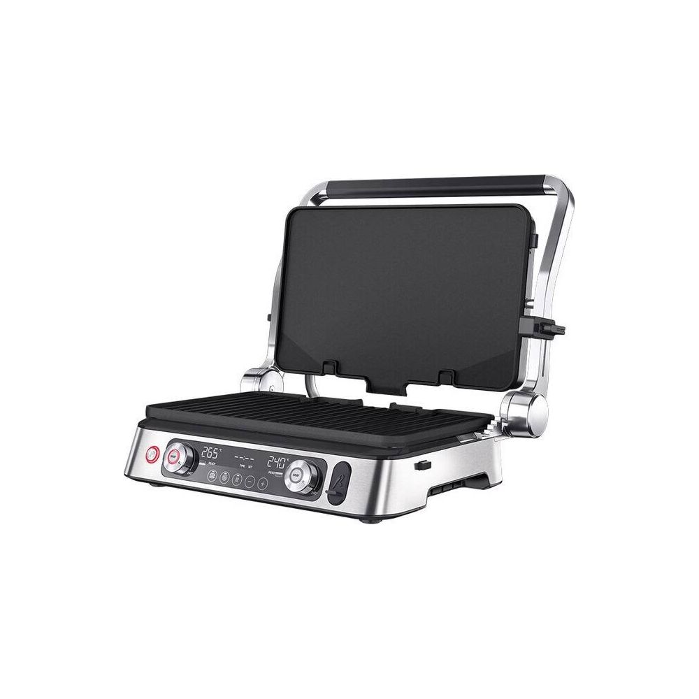 Otwarty srebrny grill kontaktowy z czarną płytą grillową i srebrną rączką.