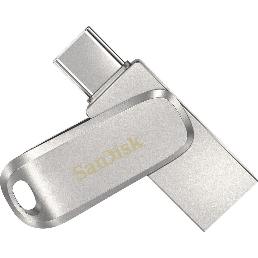 Srebrny pendrive z obrotowym złączem i logo SanDisk.