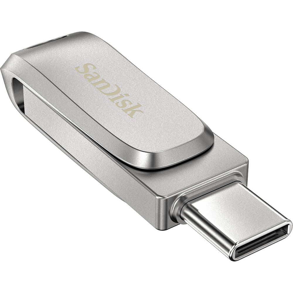Srebrny pendrive SanDisk USB-C z obrotową osłoną.