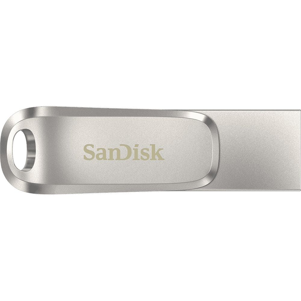 Srebrny pendrive SanDisk ze srebrnym napisem.