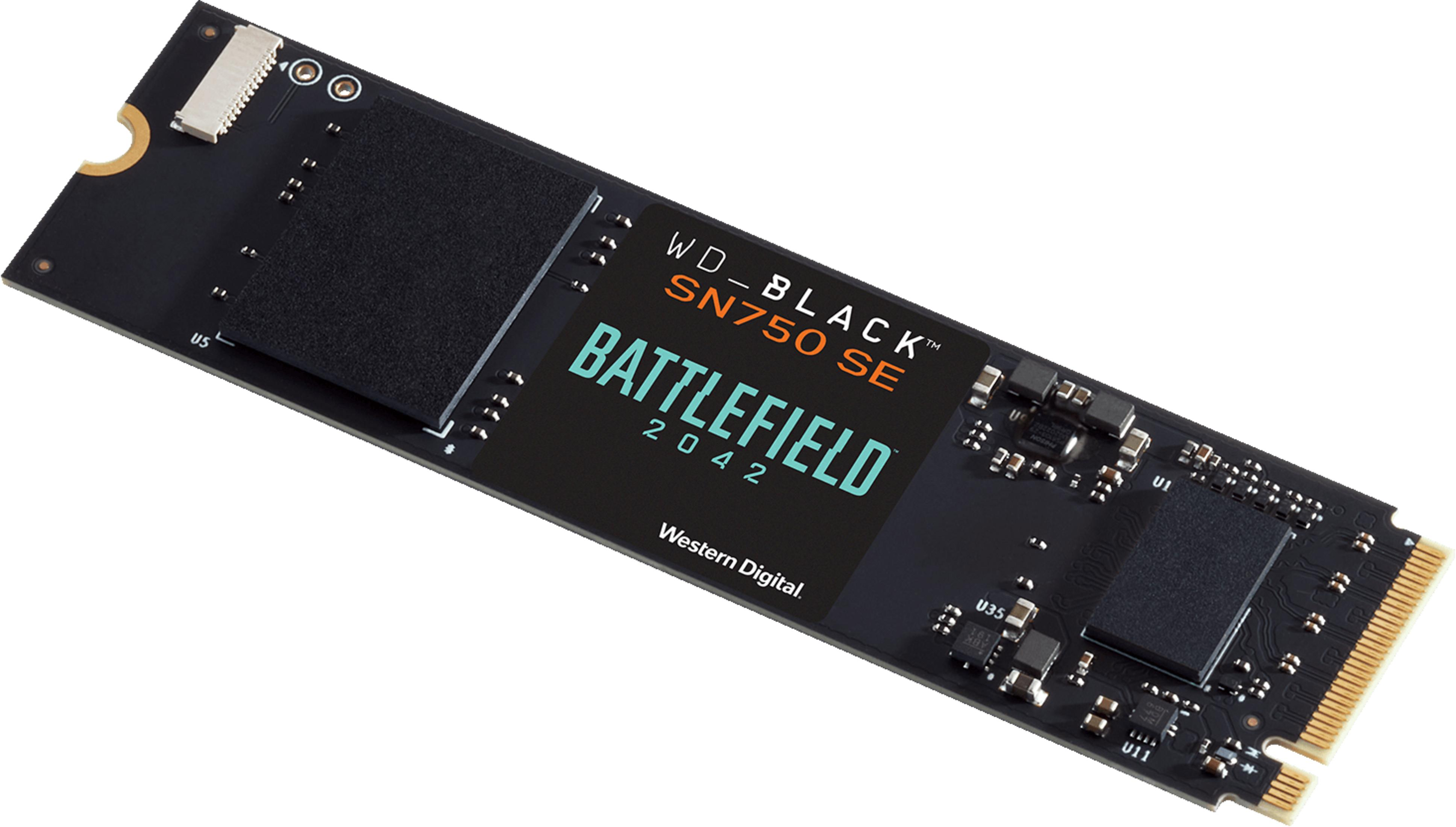Czarny dysk SSD WD_BLACK SN750 SE z oznaczeniem Battlefield 2042.
