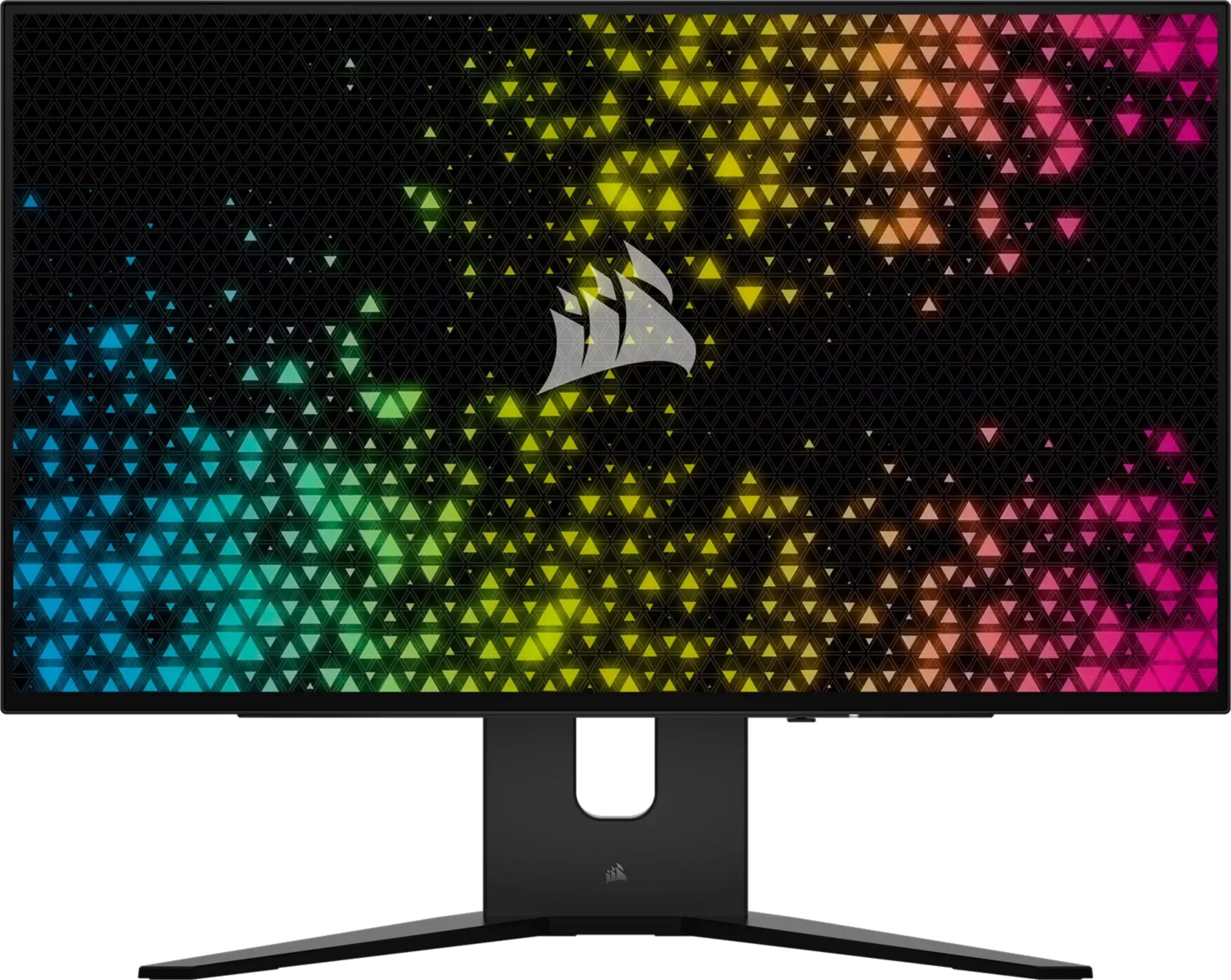 Czarny monitor z kolorowym wzorem trójkątów i logo Corsair.