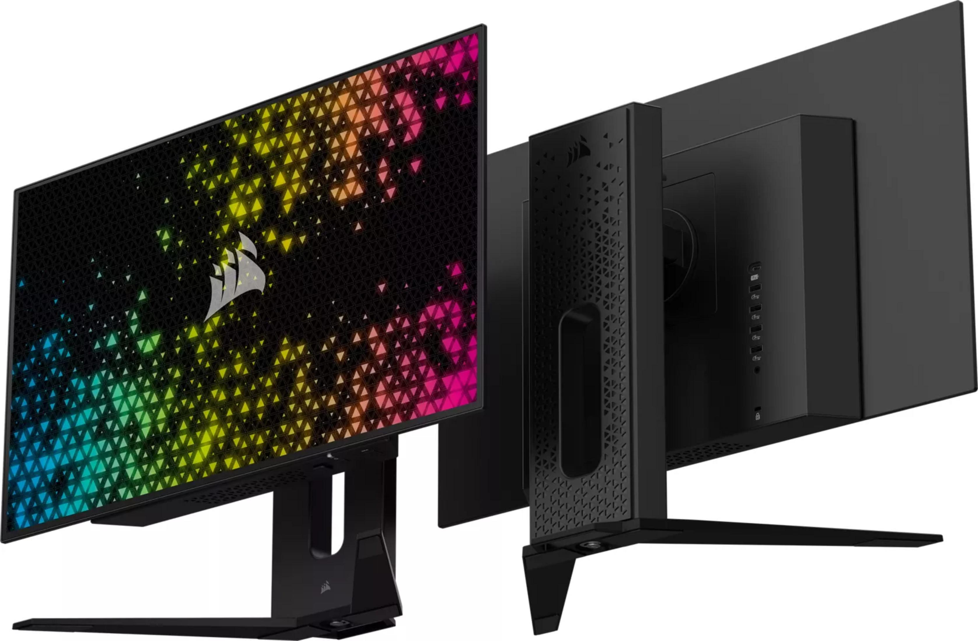 Czarny monitor z tęczowym wzorem trójkątów.