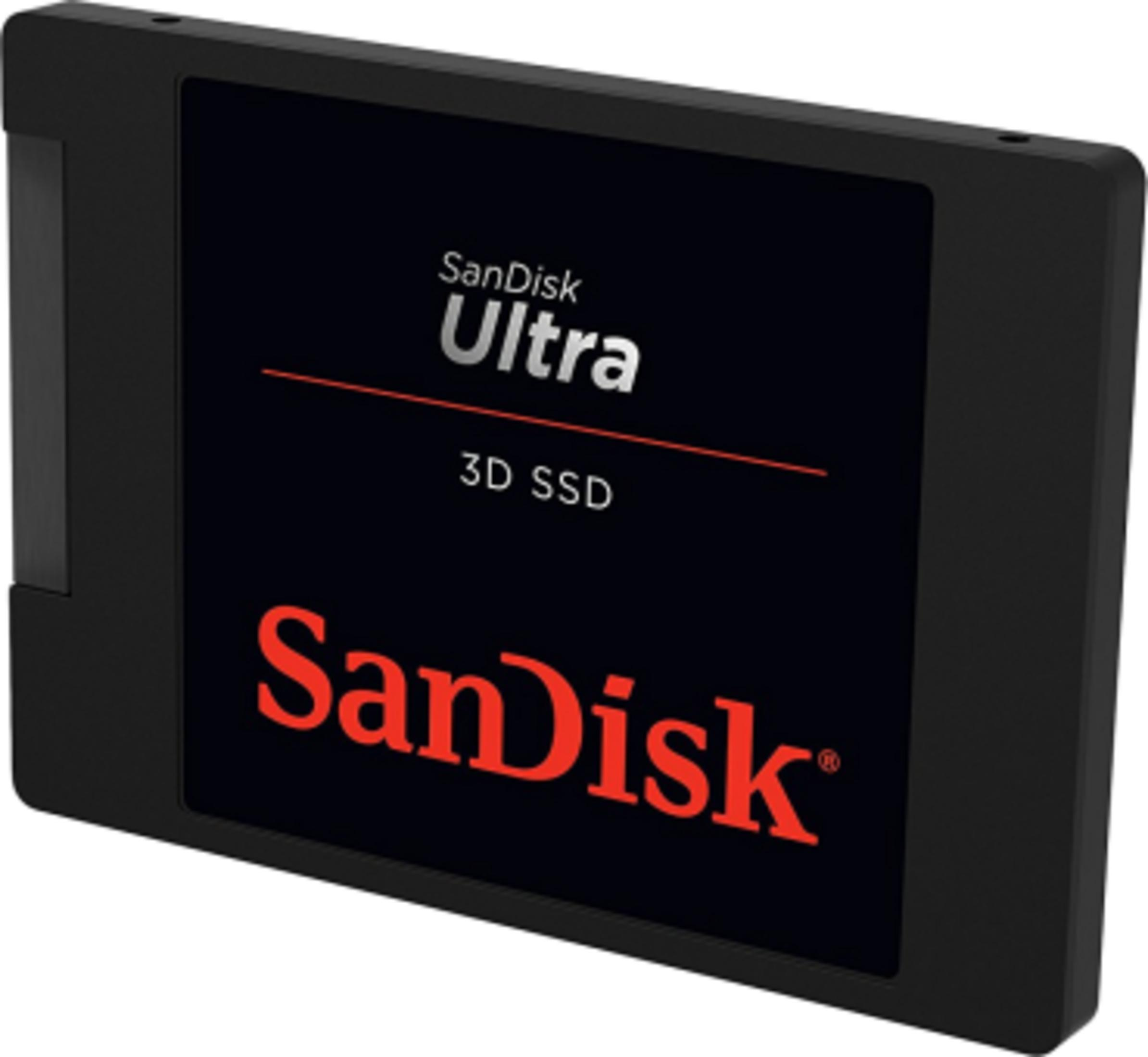 Schwarze SSD mit rotem SanDisk-Logo, Ultra 3D SSD.