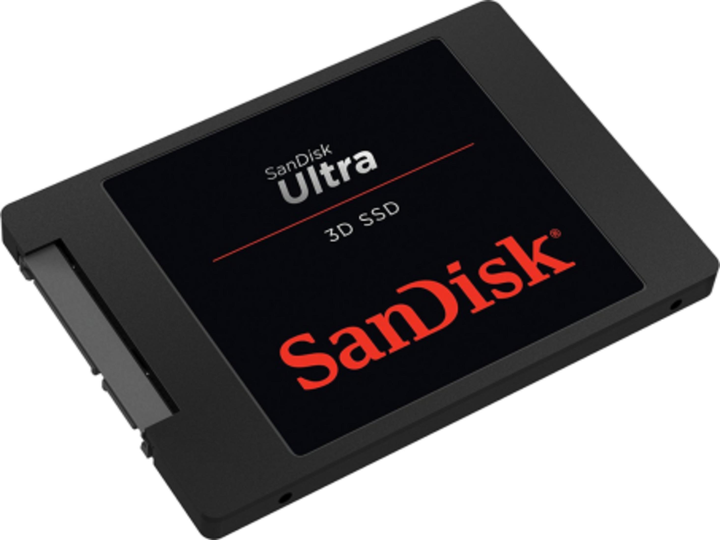 Ein schwarzer SanDisk Ultra 3D SSD mit rotem Logo auf schwarzem Hintergrund.
